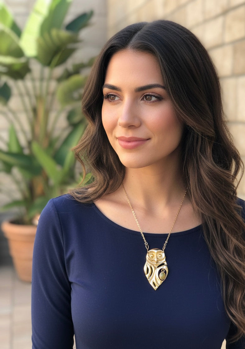 ARIOS | The Guardian of Harmony | Kinetic Brass Owl Pendant with Ethiopian Opal