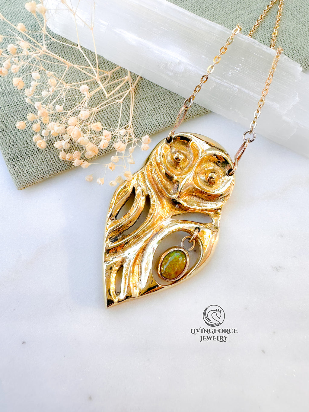 ARIOS | The Guardian of Harmony | Kinetic Brass Owl Pendant with Ethiopian Opal