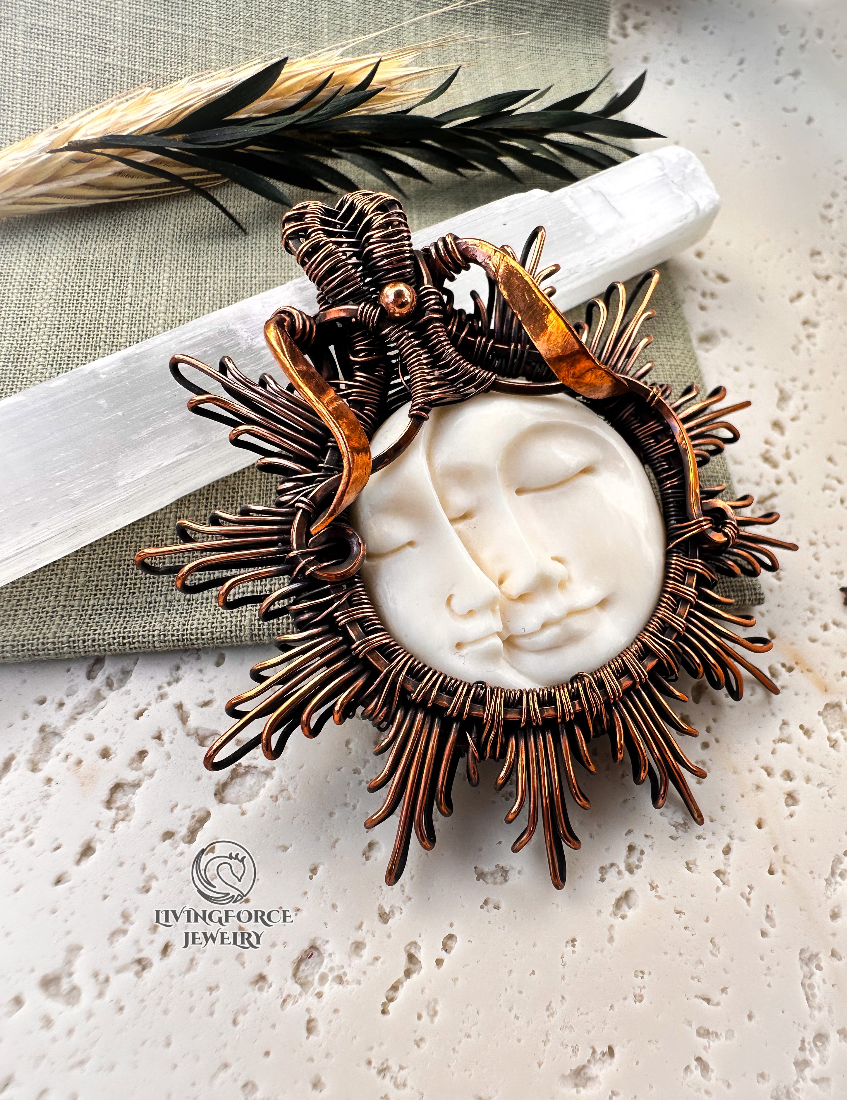 Carved Moon Pendant, Buffalo Bone Necklace