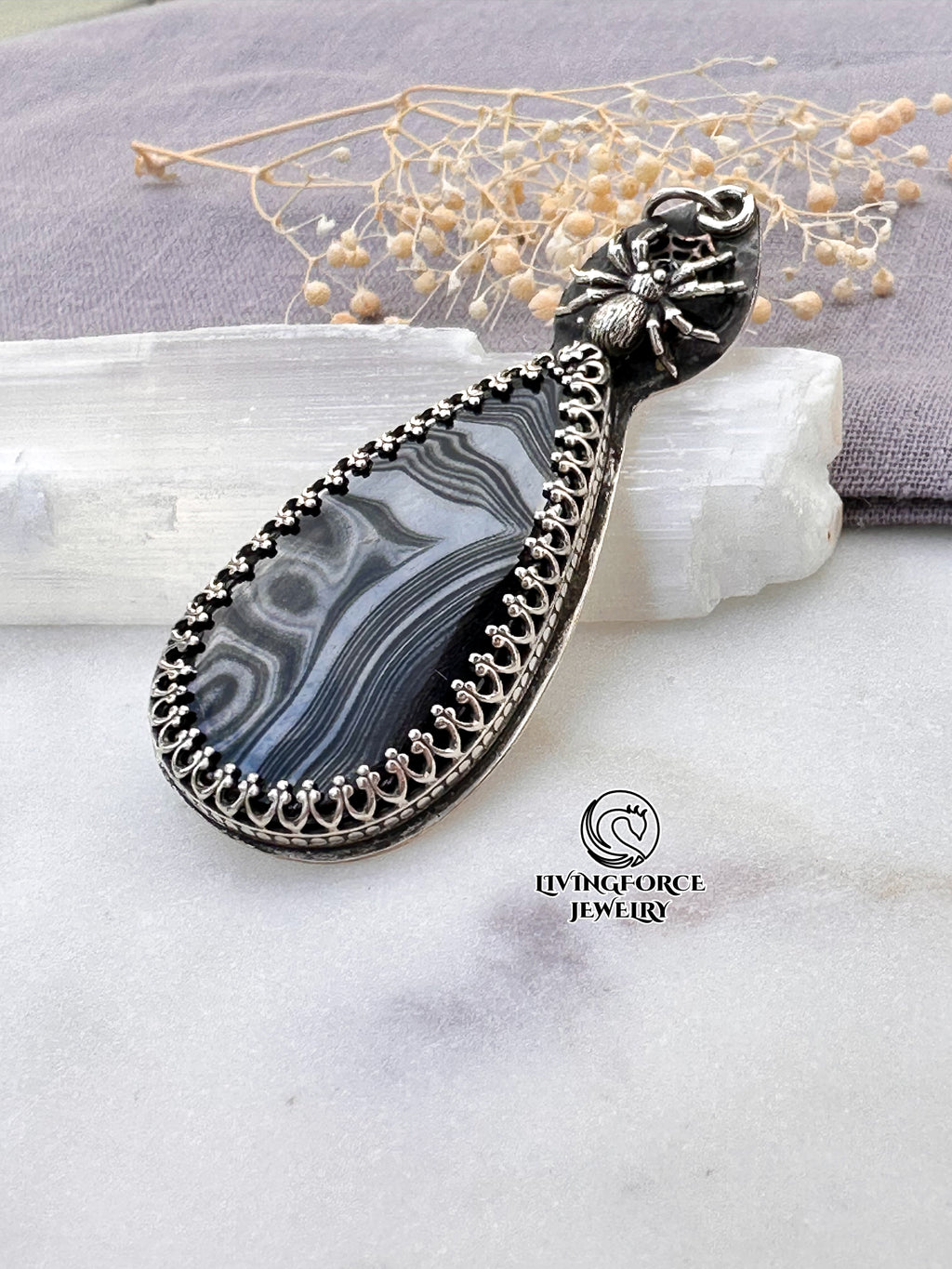 Silken Wisdom Talisman, Psilomelane in Sterling Silver Pendant