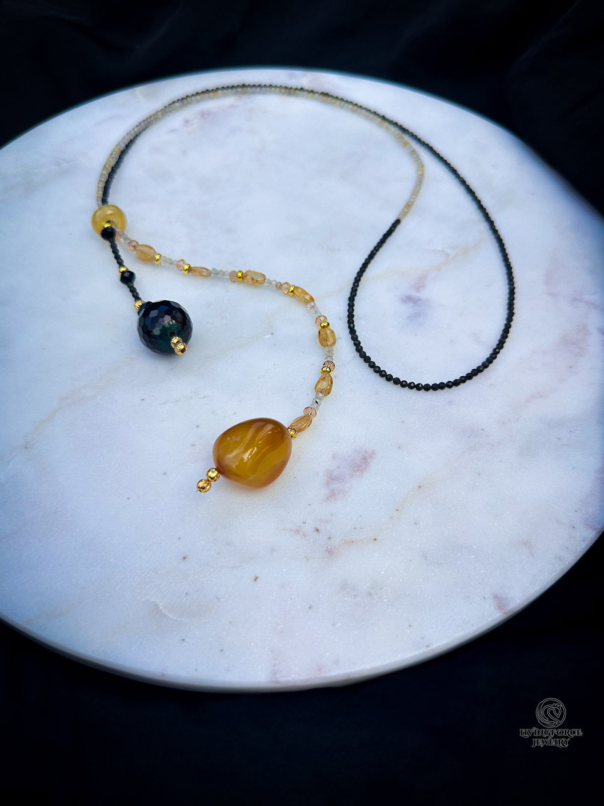 Night and Day – Long Citrine & Black Obsidian Lariat Necklace
