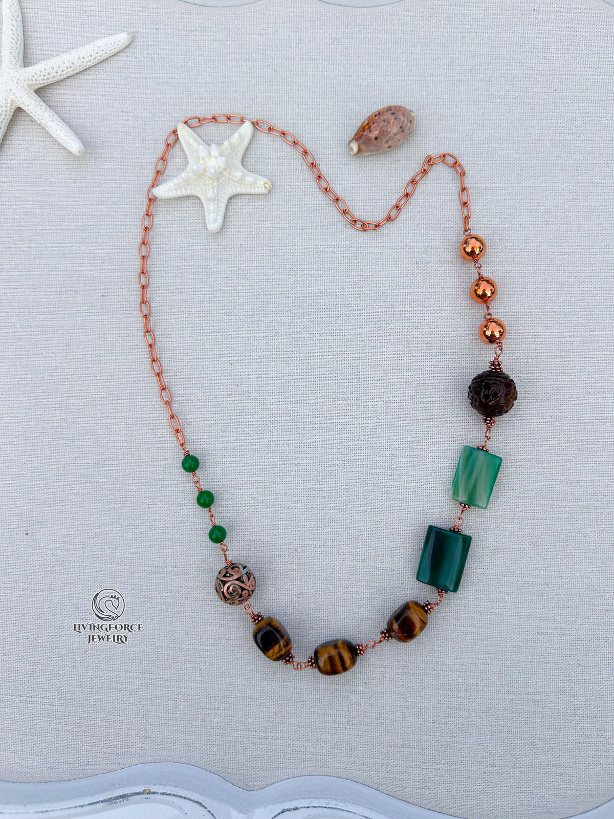 Green Terra Necklace

Jade, agate, and tiger eye in copper.