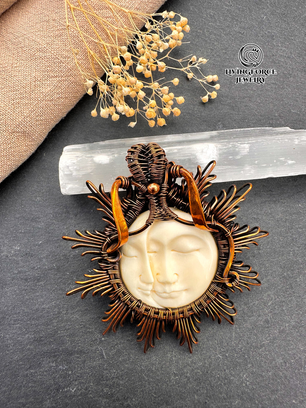 Carved Moon Pendant, Buffalo Bone Necklace