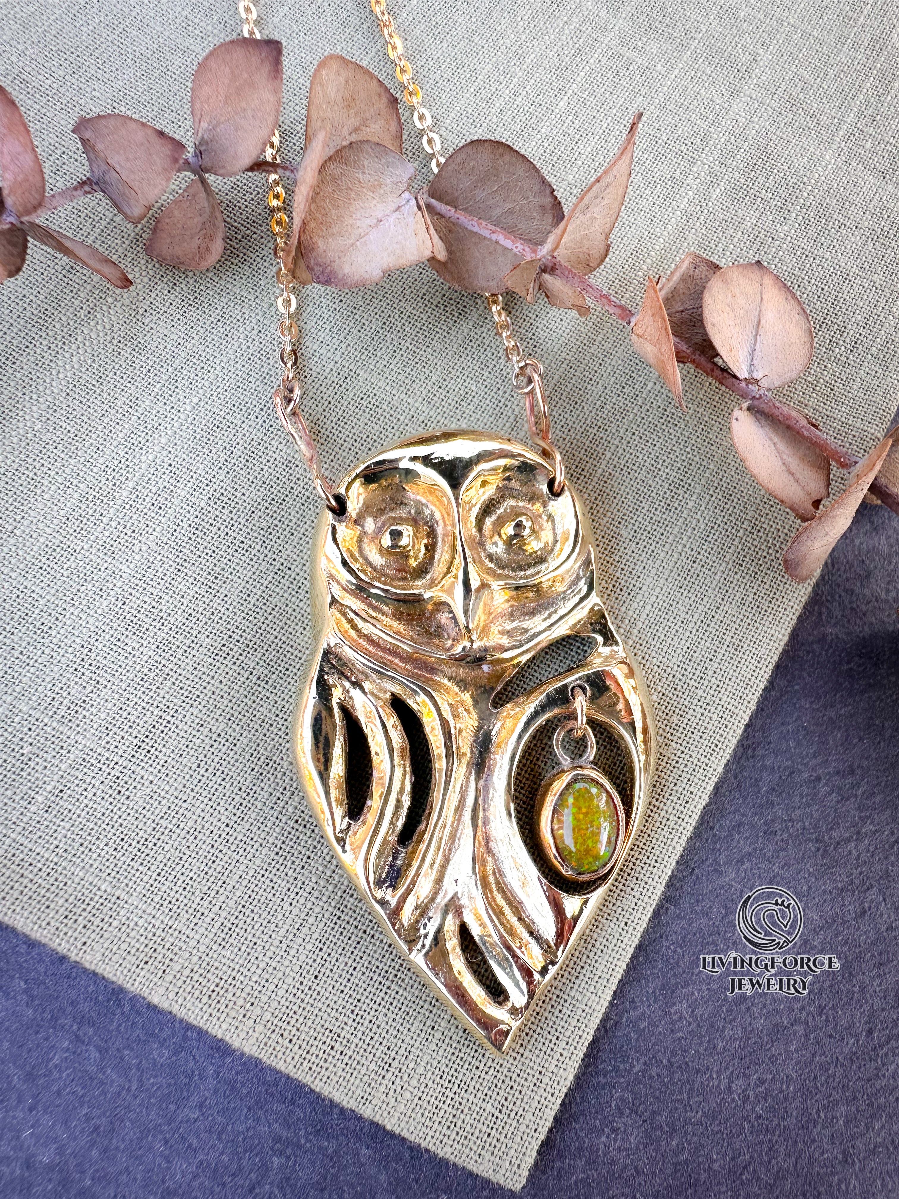 ARIOS | The Guardian of Harmony | Kinetic Brass Owl Pendant with Ethiopian Opal