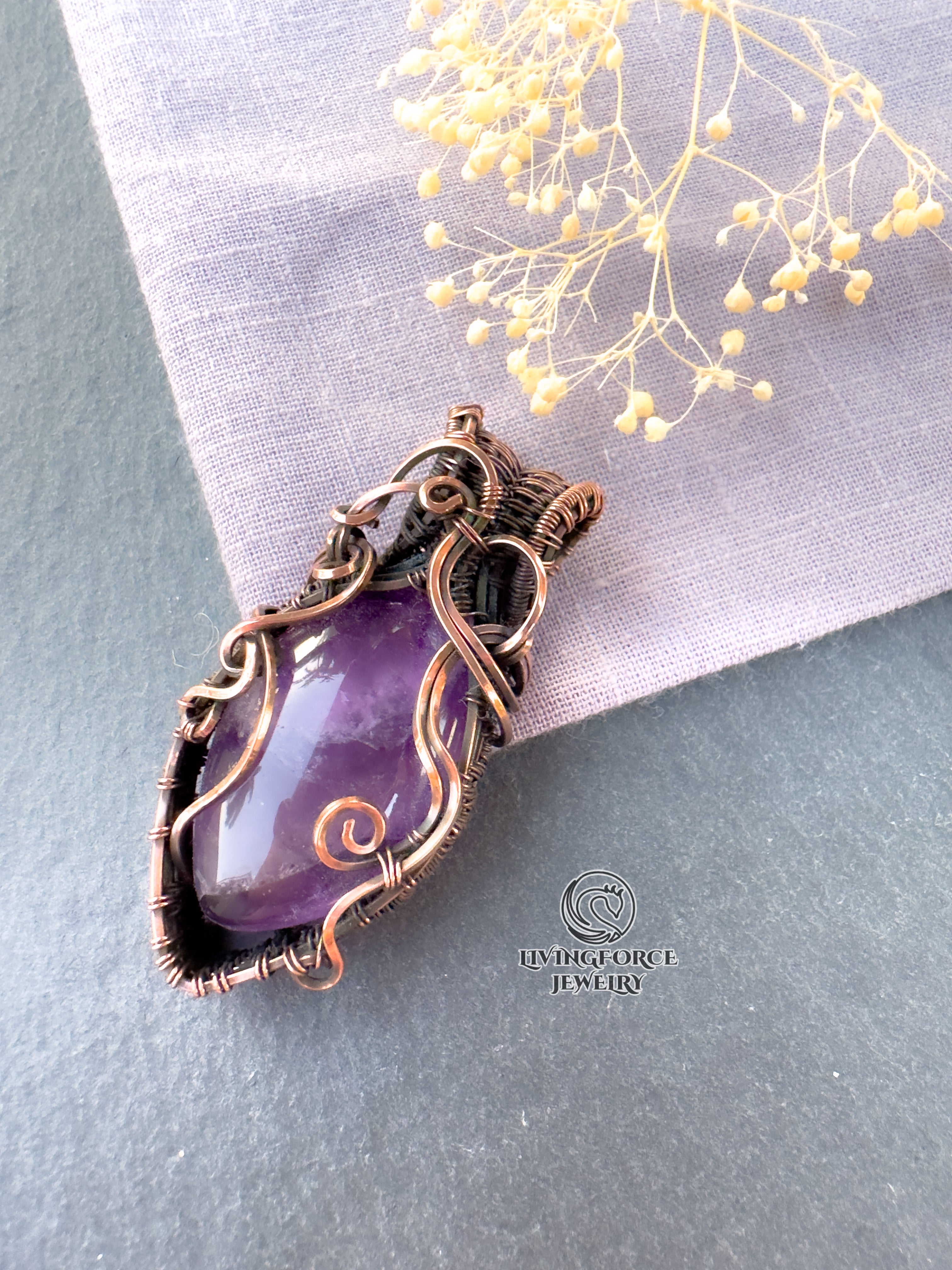 Amethyst Necklace, Wire wrapped Pendant