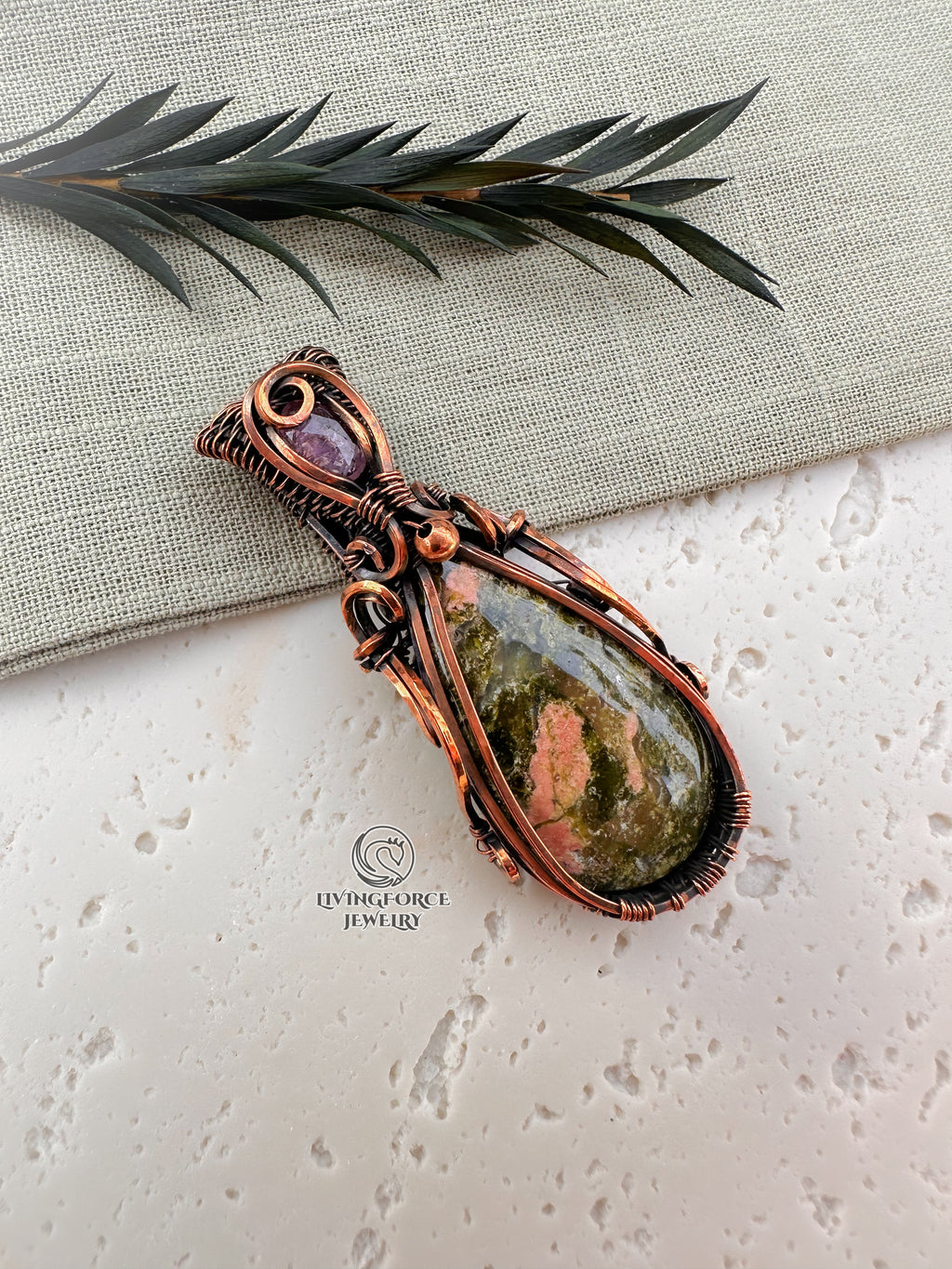 Myrtle Talisman, Unakite Pink Tourmaline Pendanr