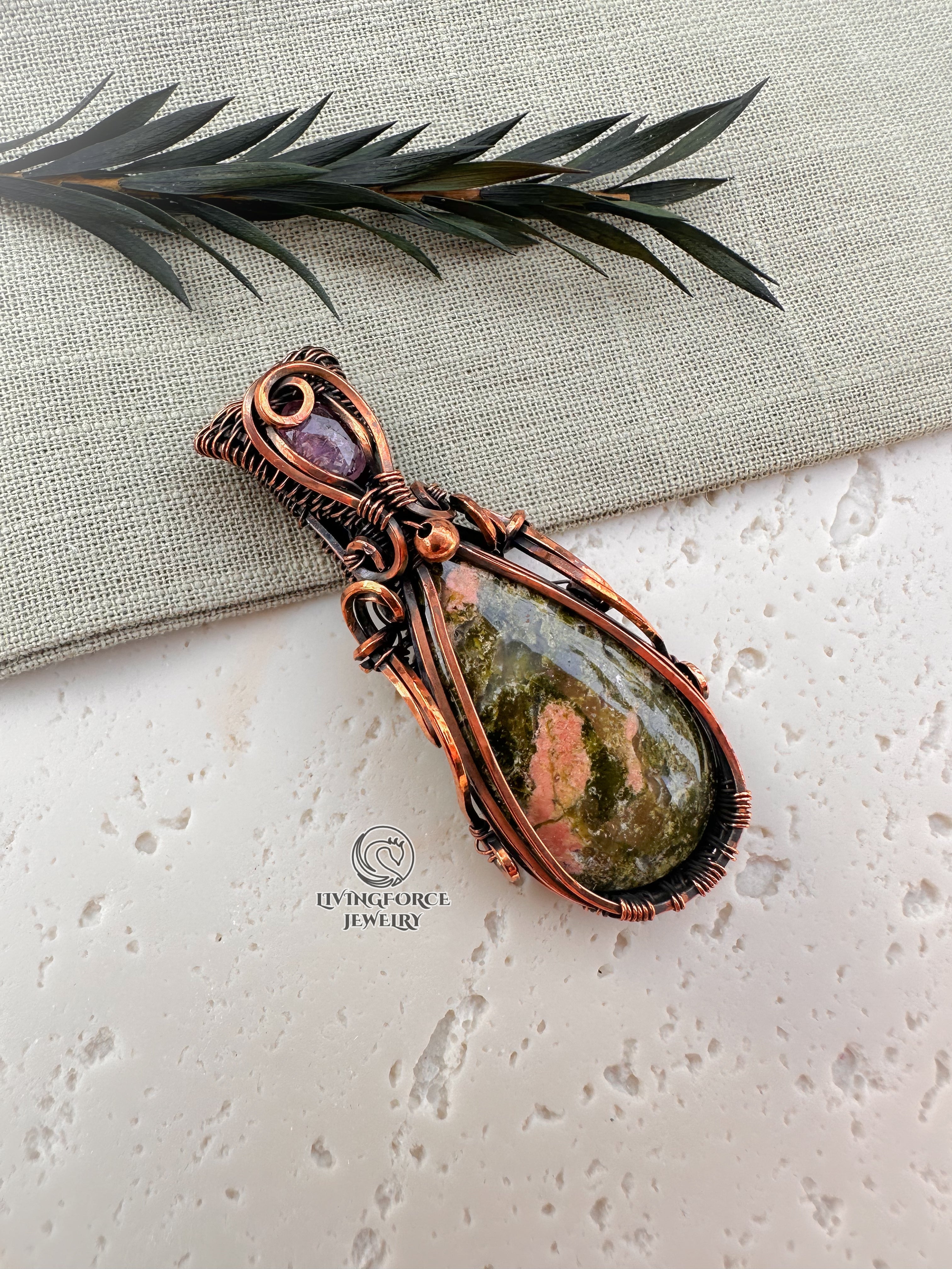 Myrtle Talisman, Unakite Pink Tourmaline Pendanr