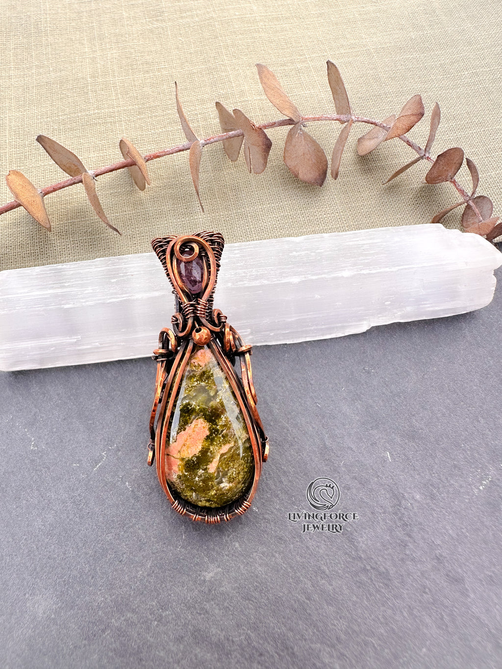 Myrtle Talisman, Unakite Pink Tourmaline Pendanr