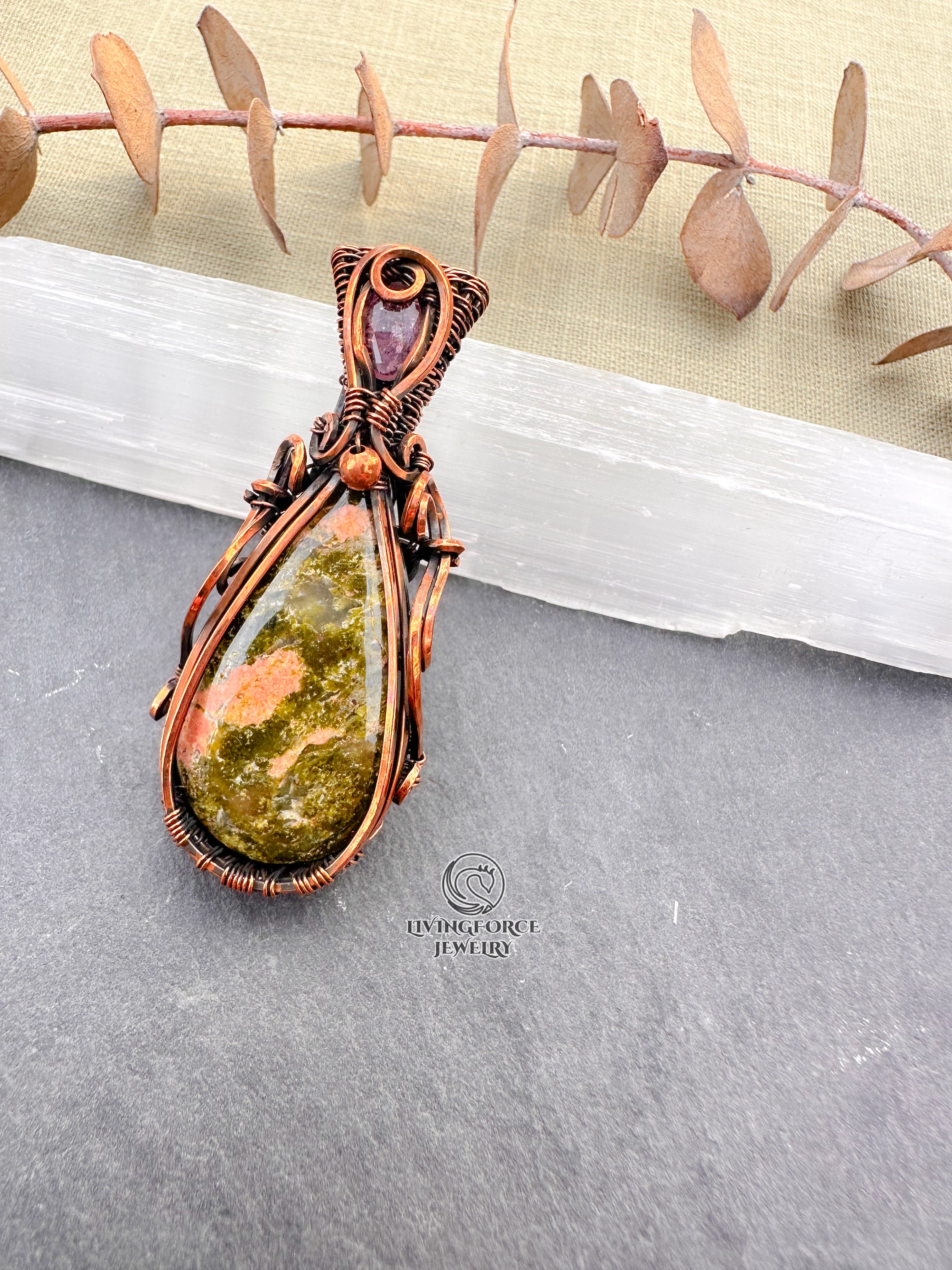 Myrtle Talisman, Unakite Pink Tourmaline Pendanr