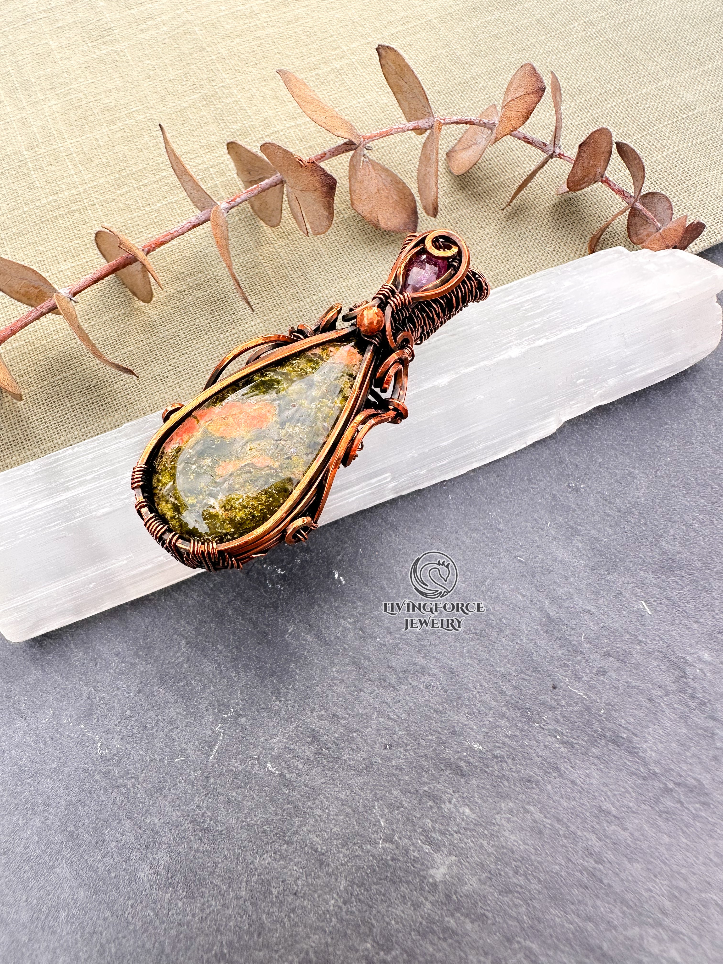 Myrtle Talisman, Unakite Pink Tourmaline Pendanr