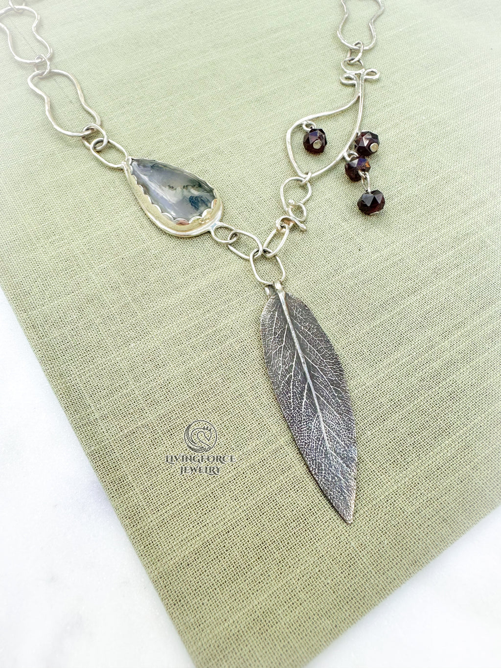 Liora Talisman, Sage Necklace, Moss agate in Silver