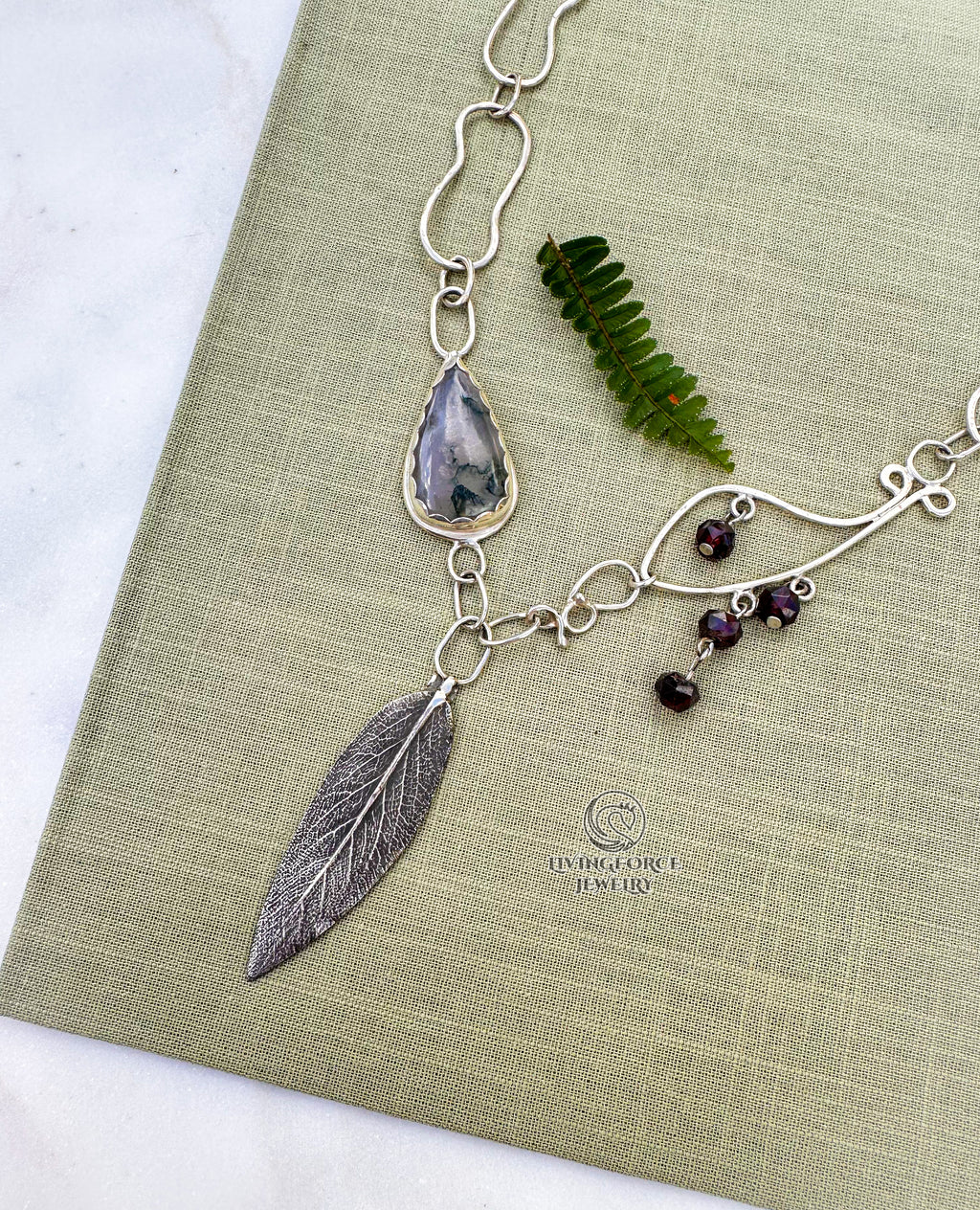 Liora Talisman, Sage Necklace, Moss agate in Silver