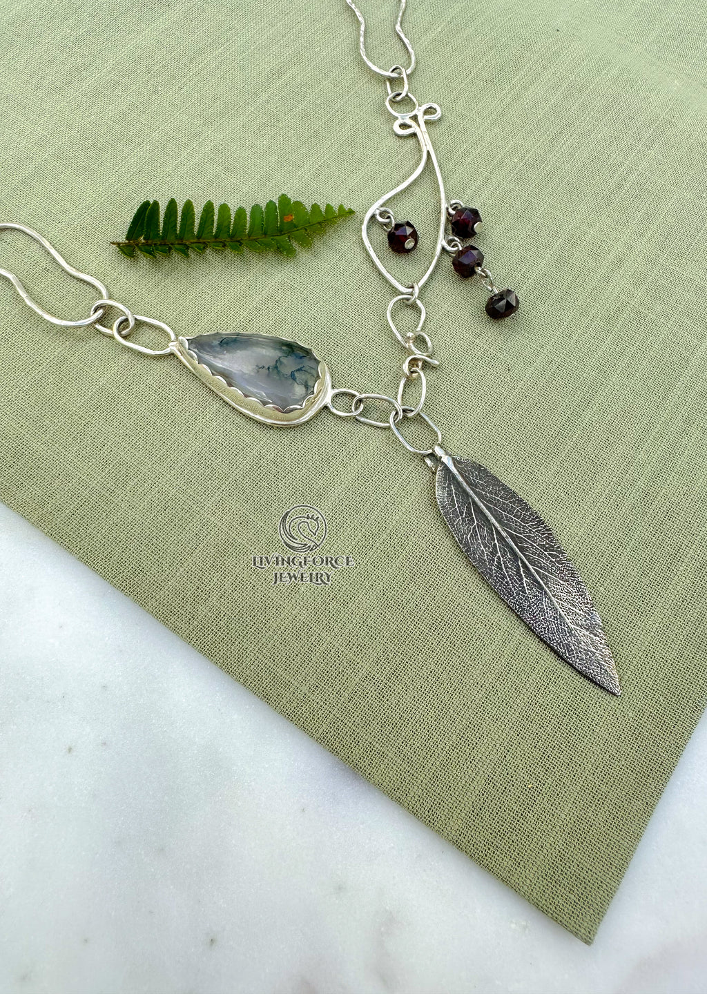 Liora Talisman, Sage Necklace, Moss agate in Silver