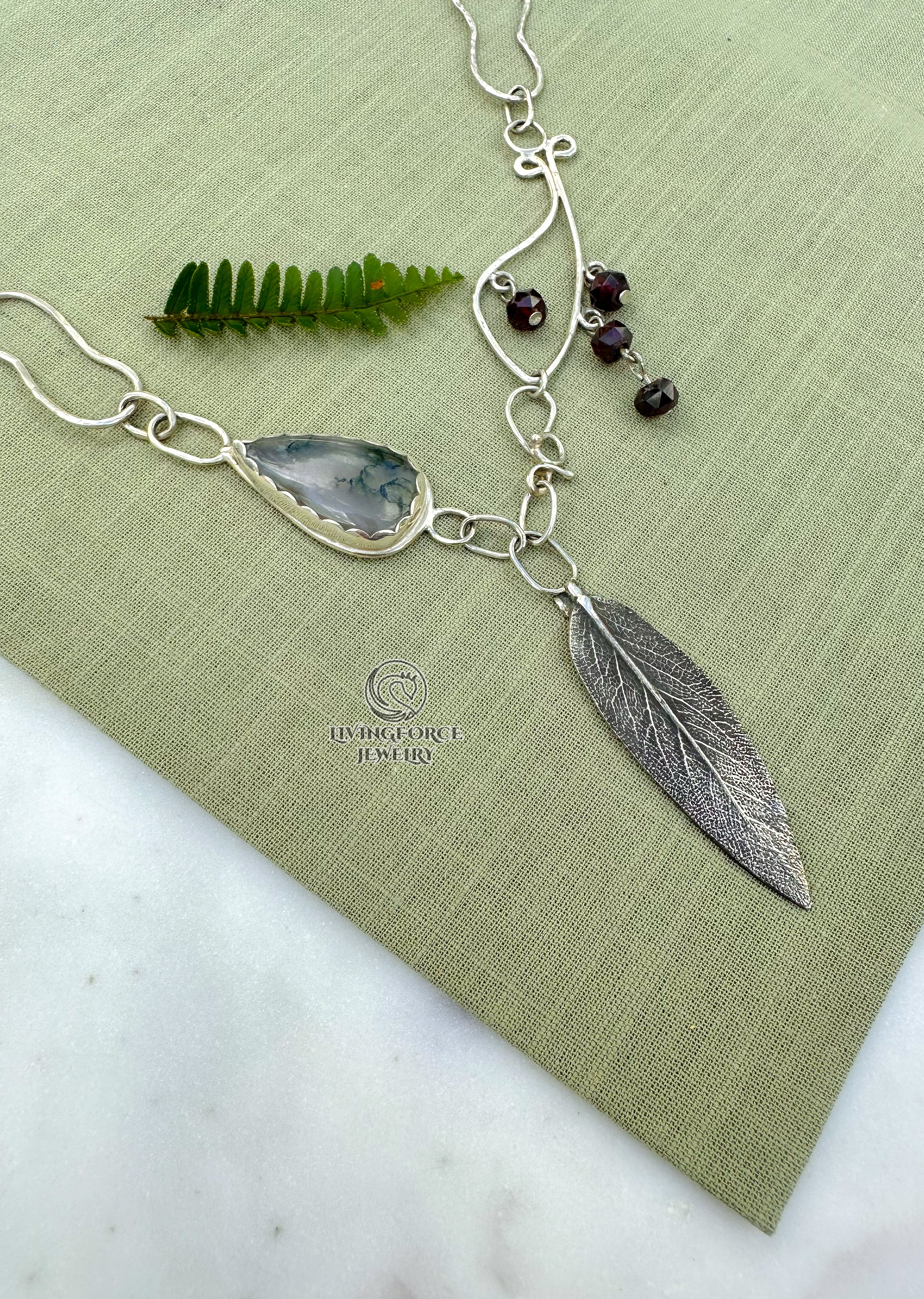 Liora Talisman, Sage Necklace, Moss agate in Silver