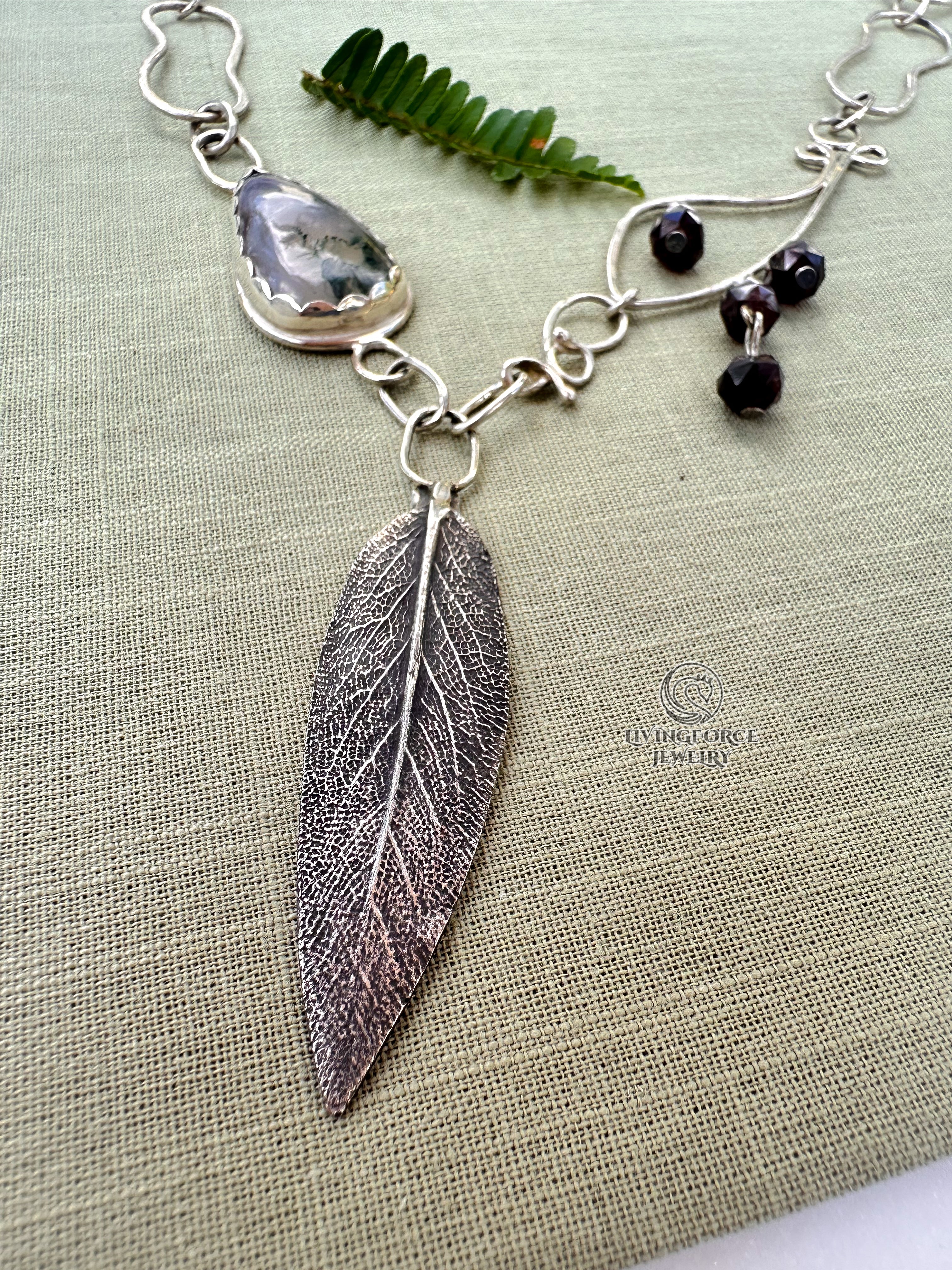 Liora Talisman, Sage Necklace, Moss agate in Silver