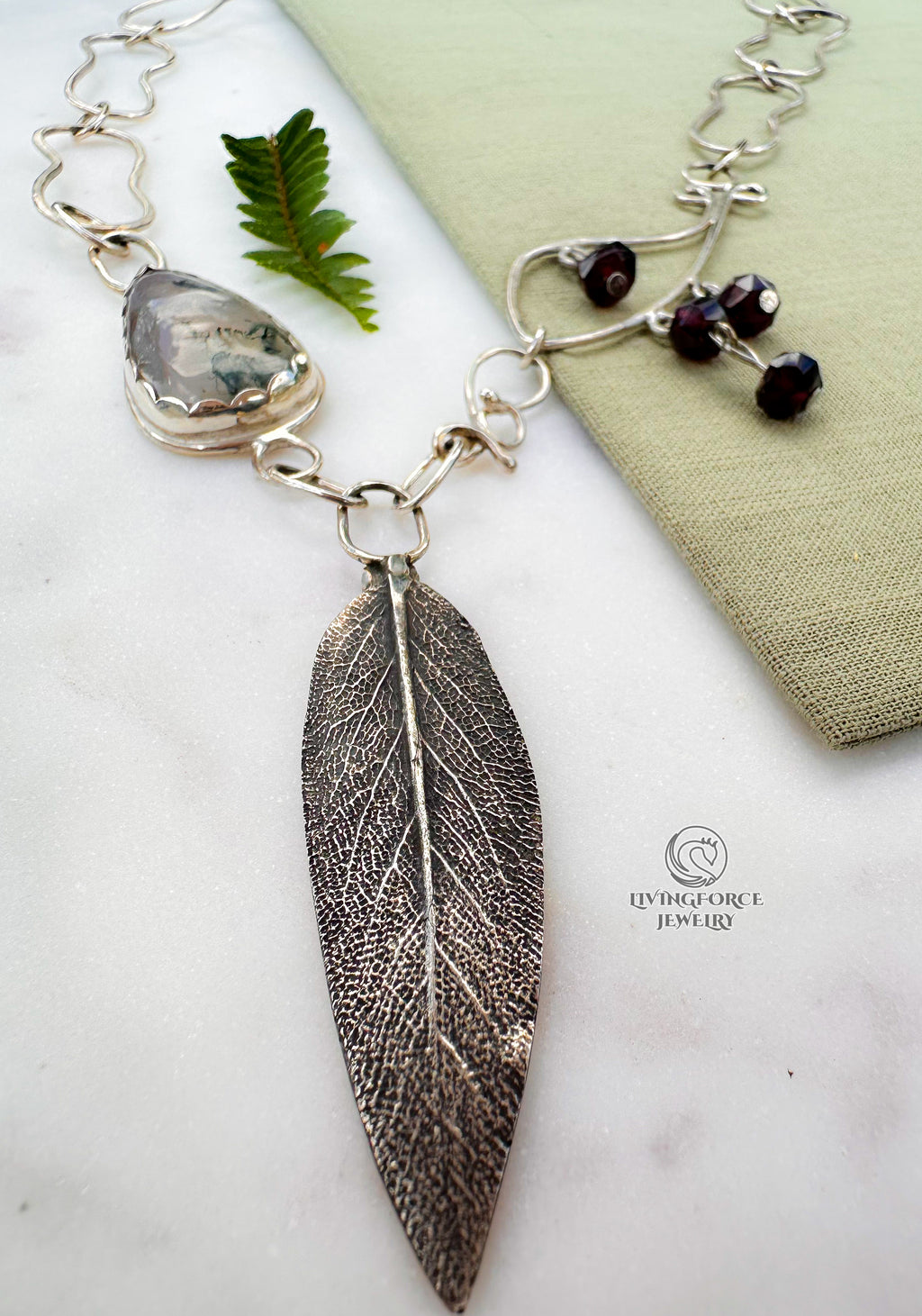 Liora Talisman, Sage Necklace, Moss agate in Silver