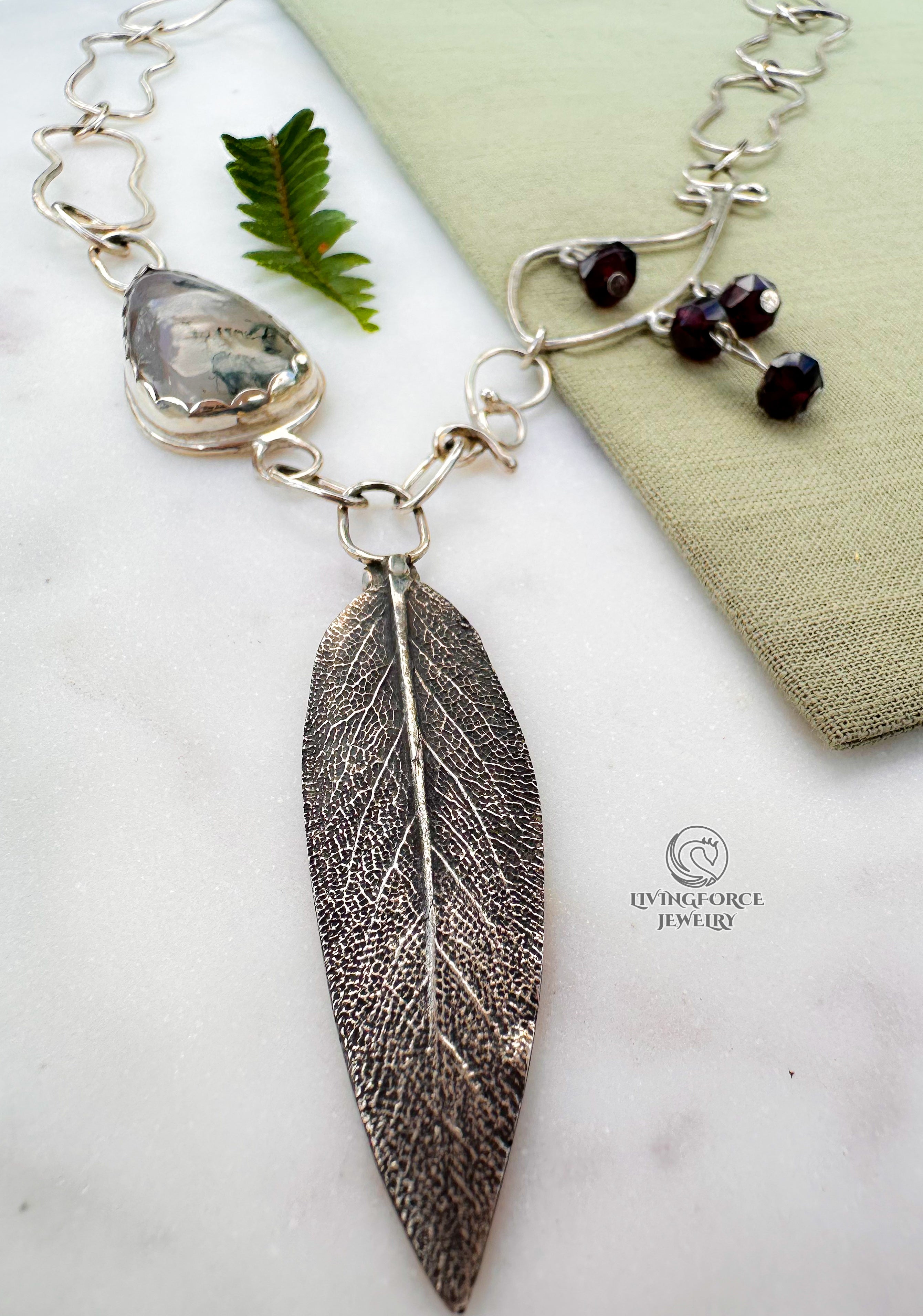 Liora Talisman, Sage Necklace, Moss agate in Silver