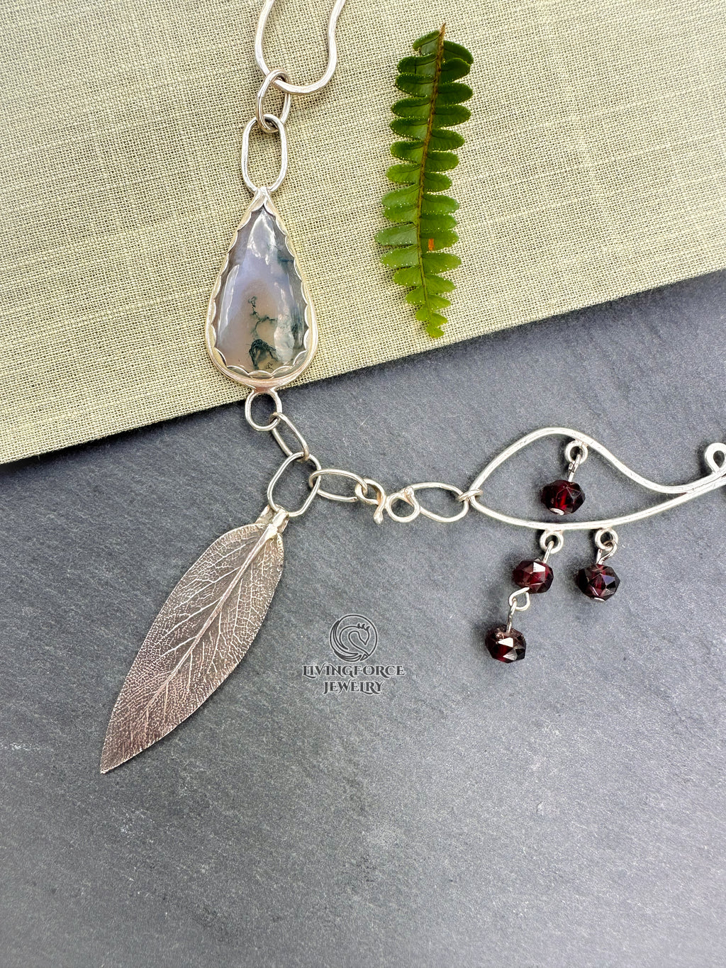 Liora Talisman, Sage Necklace, Moss agate in Silver