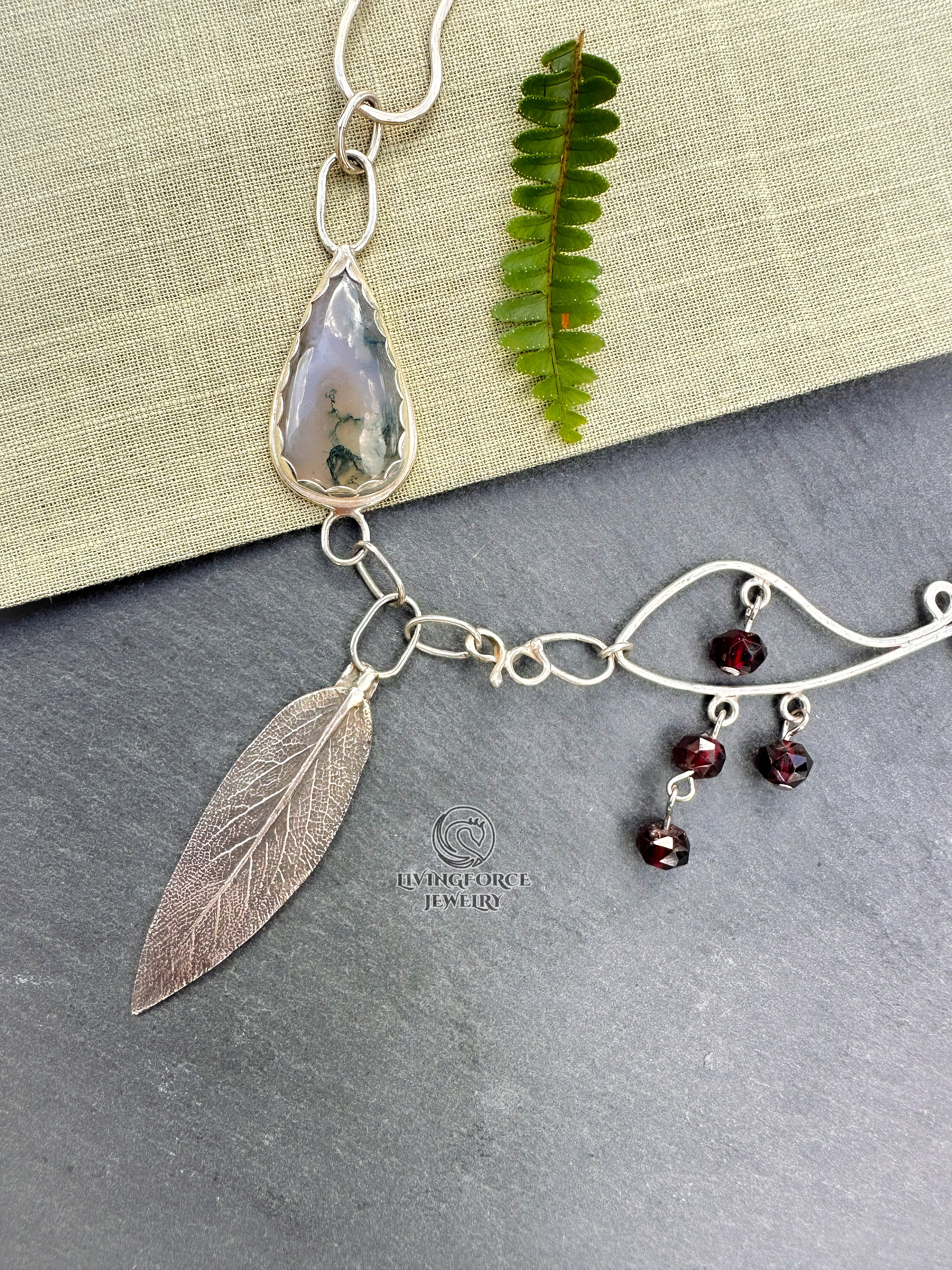 Liora Talisman, Sage Necklace, Moss agate in Silver