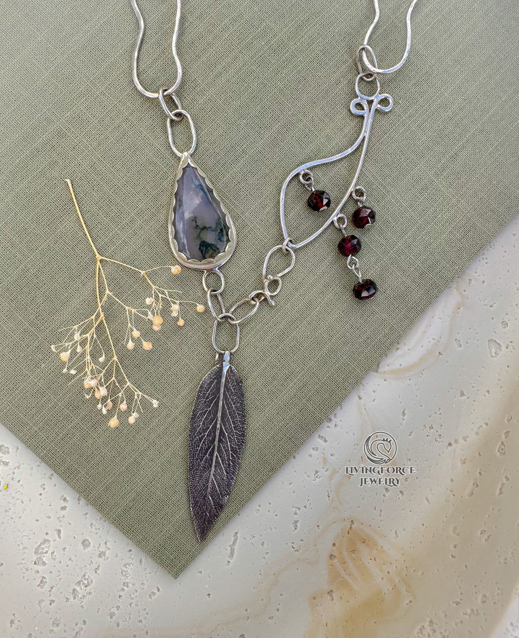 Liora Talisman, Sage Necklace, Moss agate in Silver