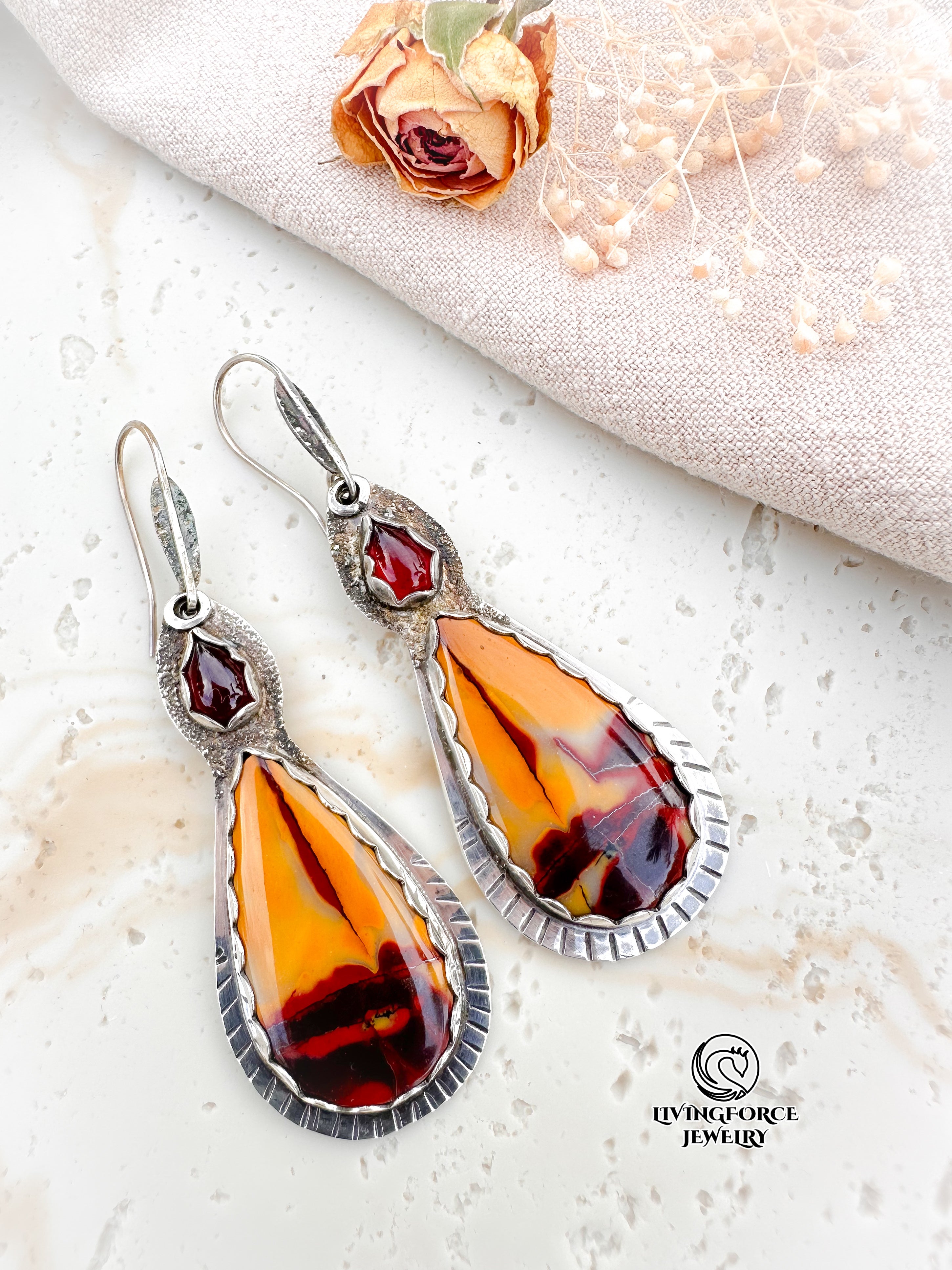 Folia Lumen Talisman, Mookaite & Garnet Earrings