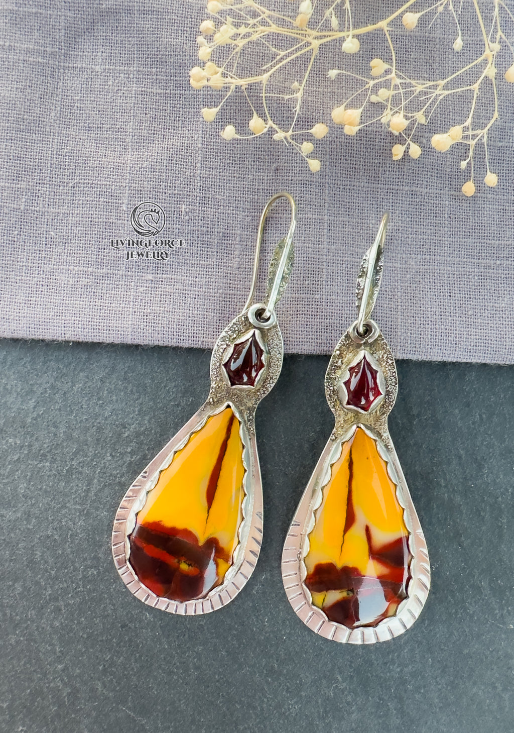 Folia Lumen Talisman, Mookaite & Garnet Earrings