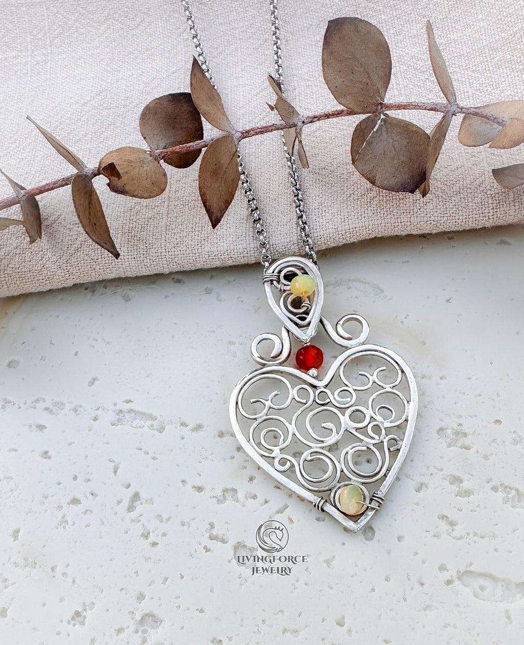 Heart of Flow — Guardian Heart Talisman- Sterling Silver, Opal, Carnelian