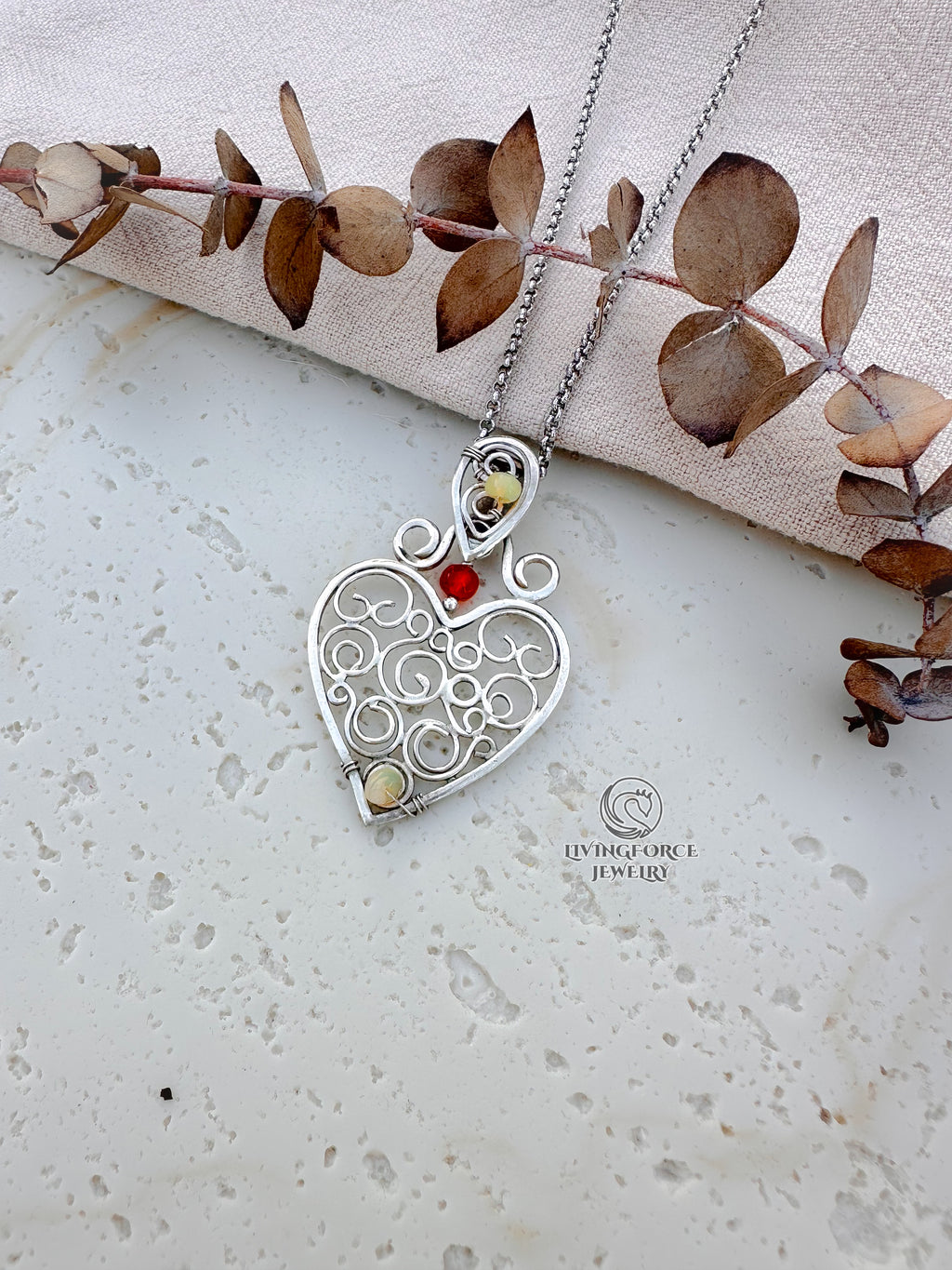 Heart of Flow — Guardian Heart Talisman- Sterling Silver, Opal, Carnelian