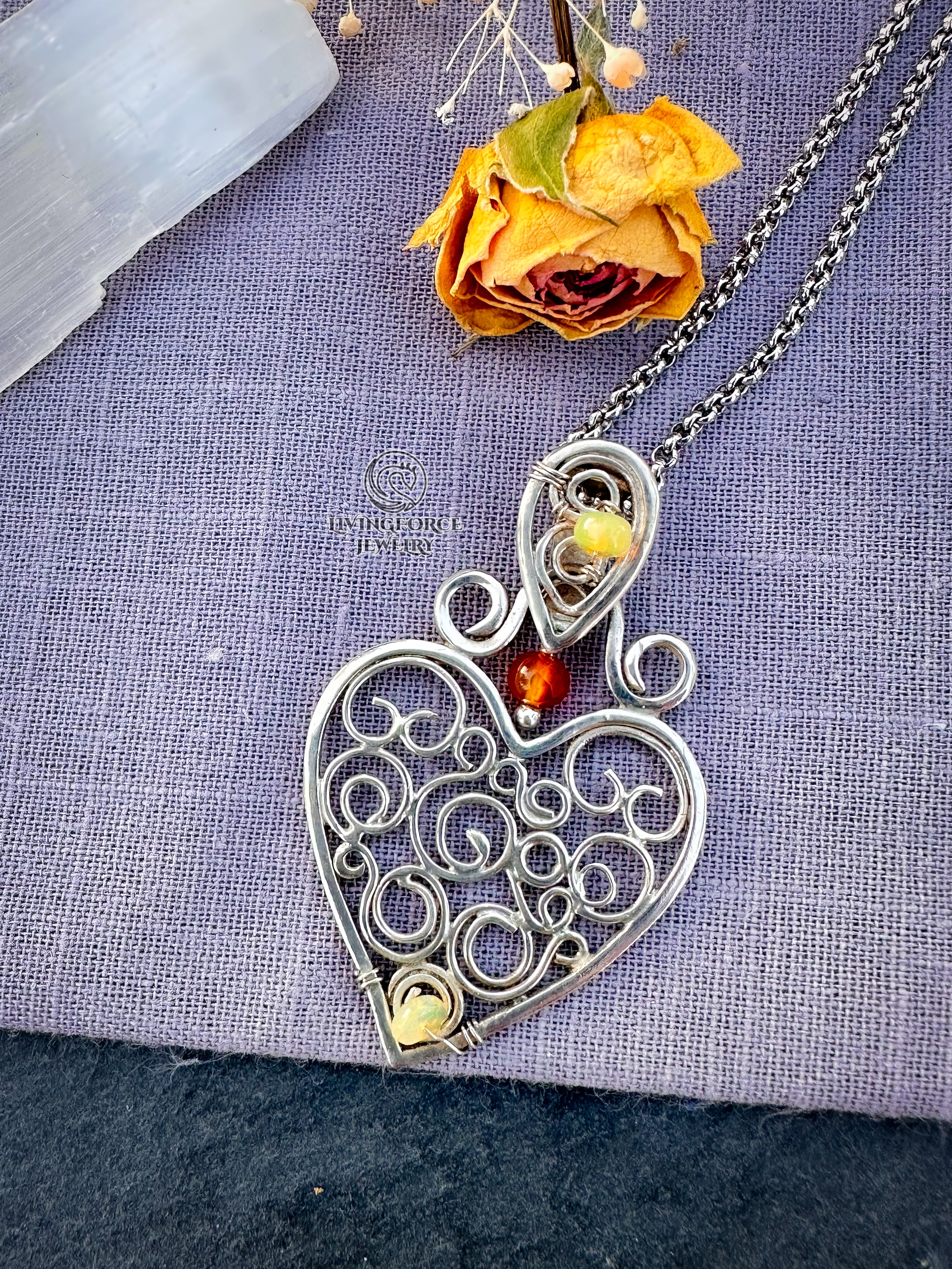 Heart of Flow — Guardian Heart Talisman- Sterling Silver, Opal, Carnelian