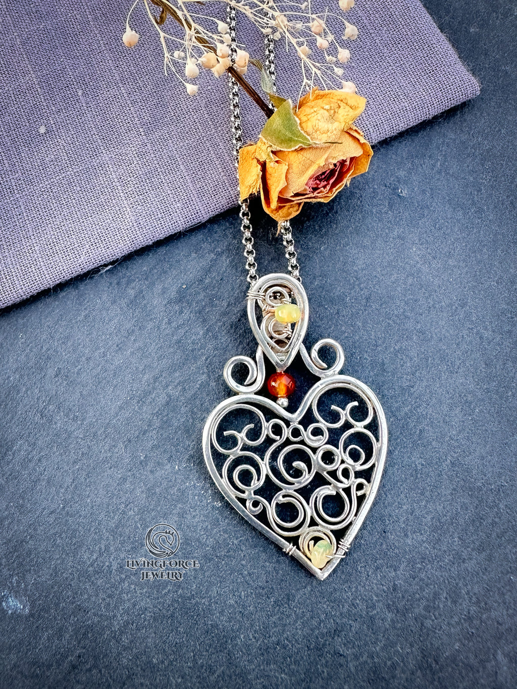Heart of Flow — Guardian Heart Talisman- Sterling Silver, Opal, Carnelian