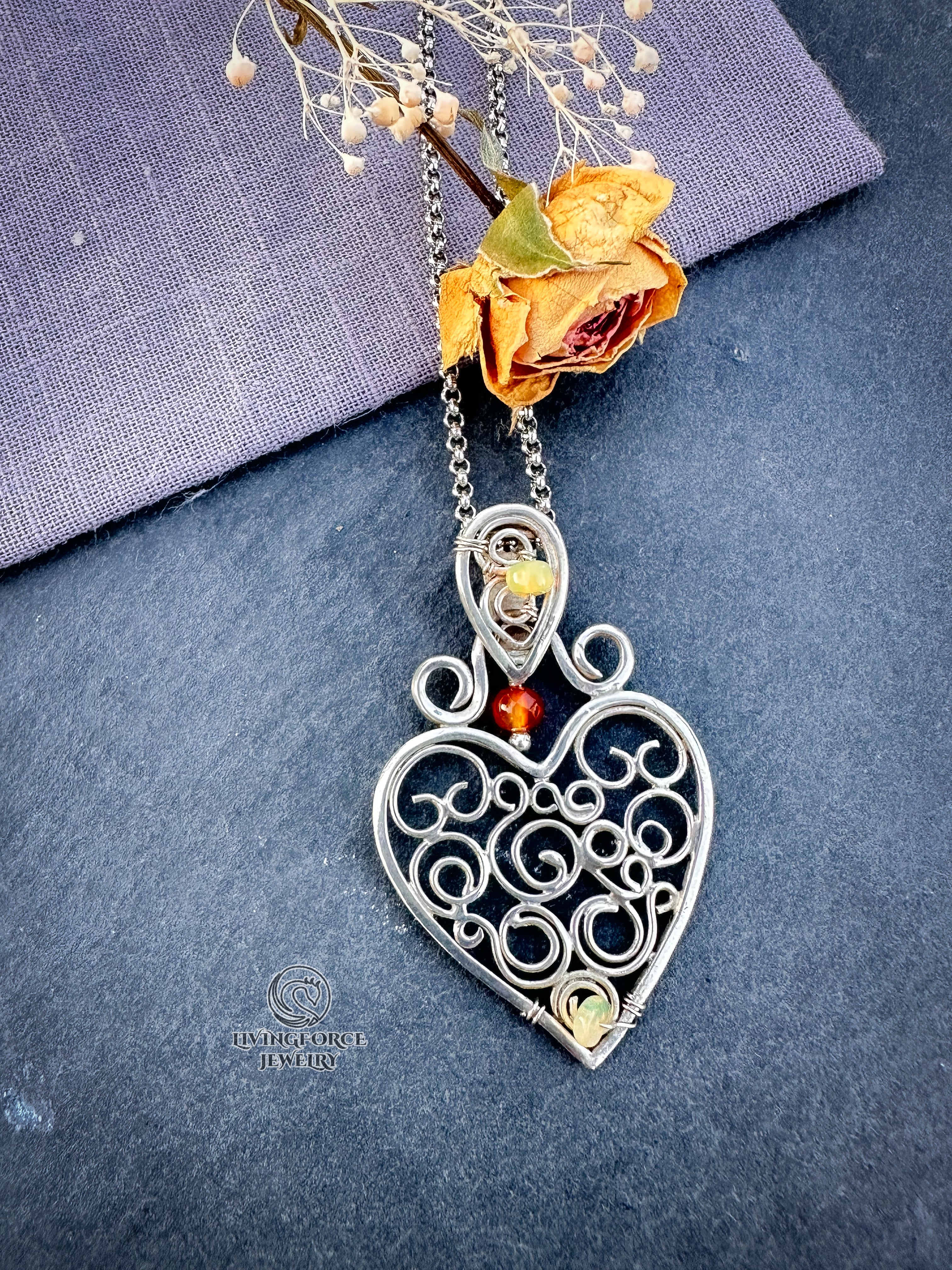 Heart of Flow — Guardian Heart Talisman- Sterling Silver, Opal, Carnelian