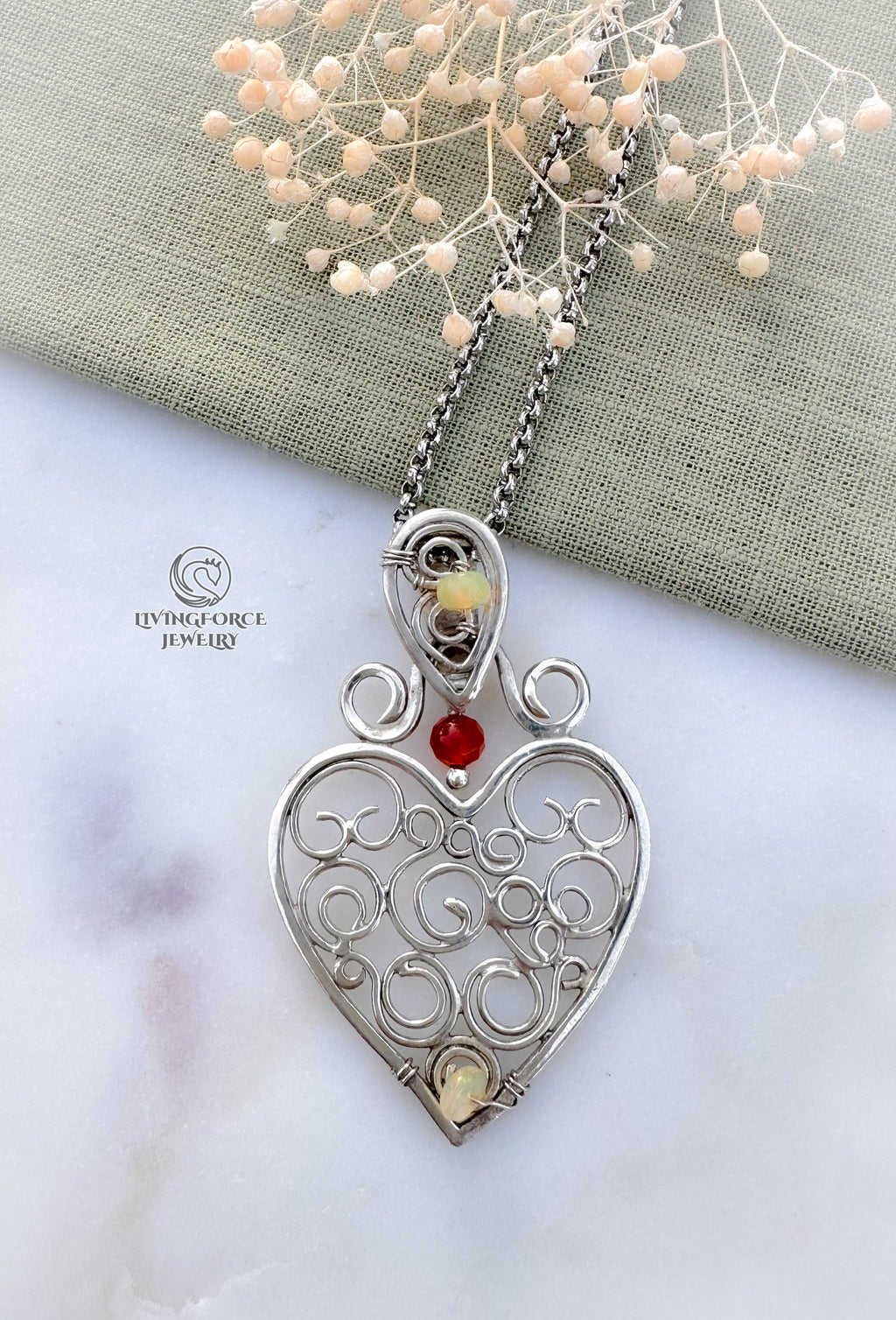 Heart of Flow — Guardian Heart Talisman- Sterling Silver, Opal, Carnelian