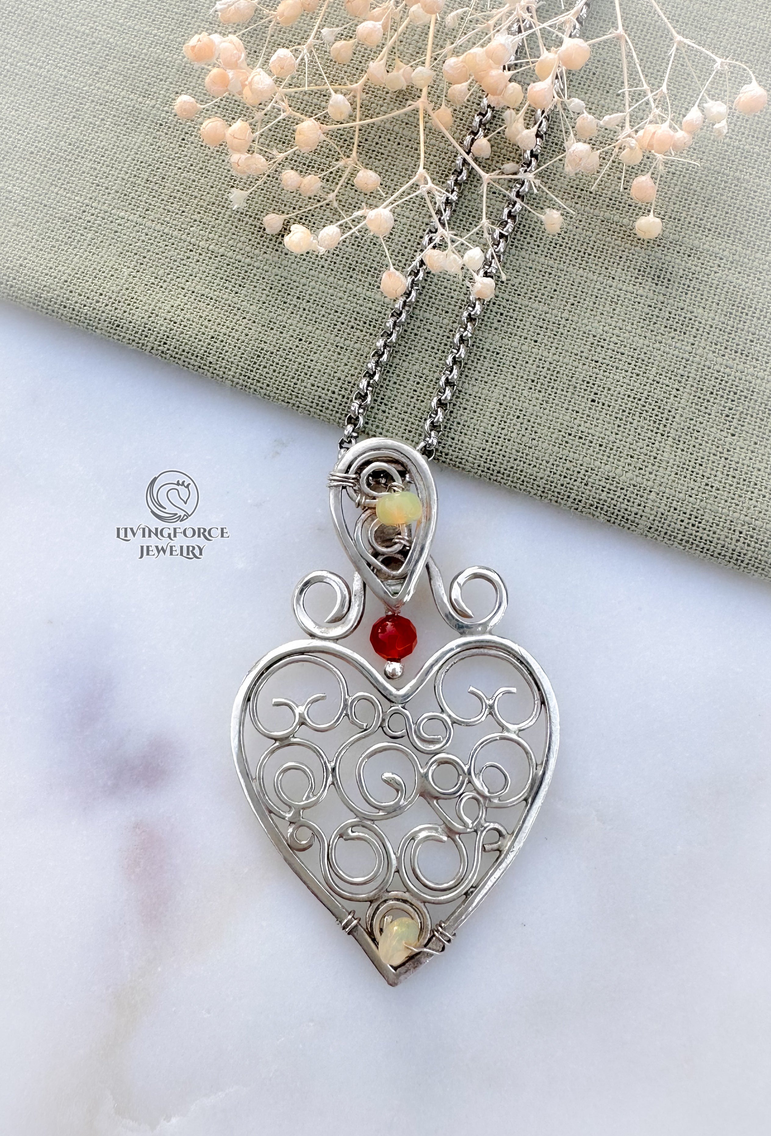 Heart of Flow — Guardian Heart Talisman- Sterling Silver, Opal, Carnelian