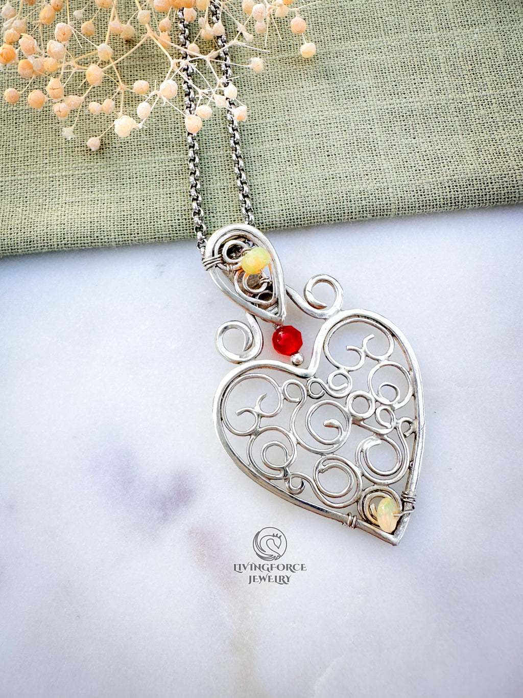 Heart of Flow — Guardian Heart Talisman- Sterling Silver, Opal, Carnelian