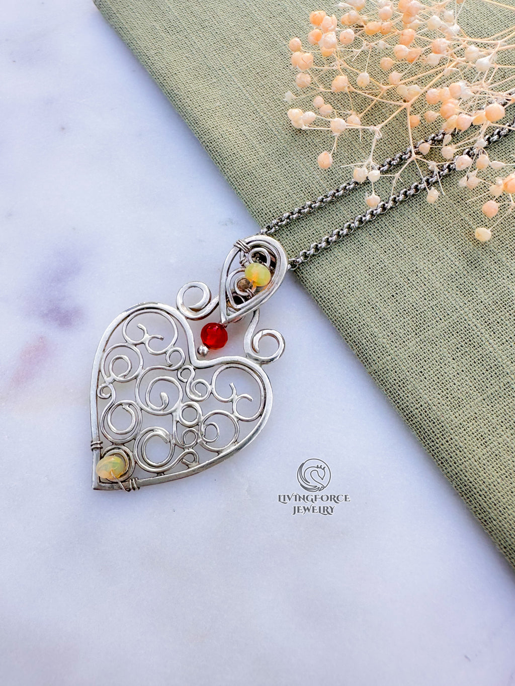 Heart of Flow — Guardian Heart Talisman- Sterling Silver, Opal, Carnelian