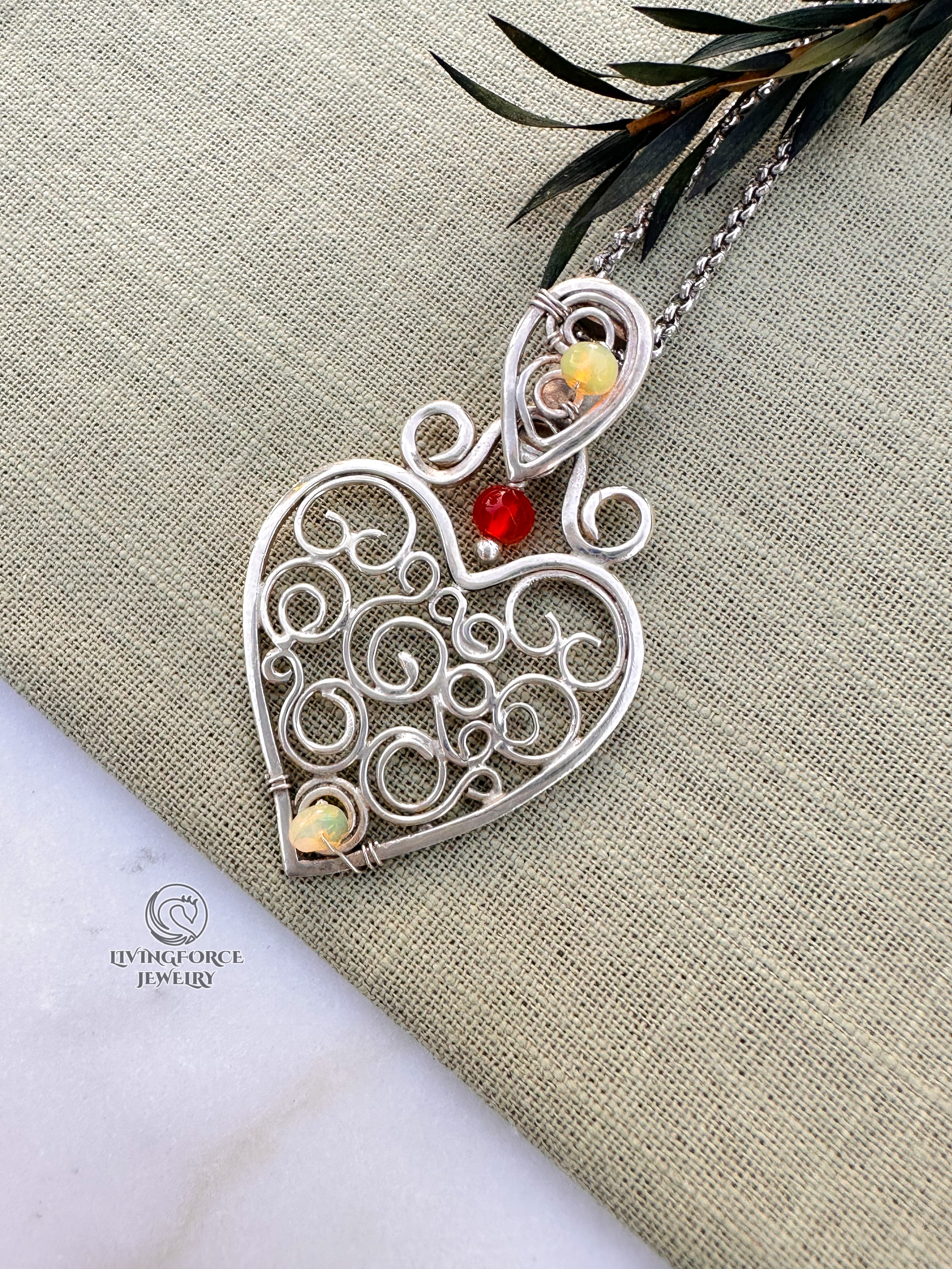 Heart of Flow — Guardian Heart Talisman- Sterling Silver, Opal, Carnelian