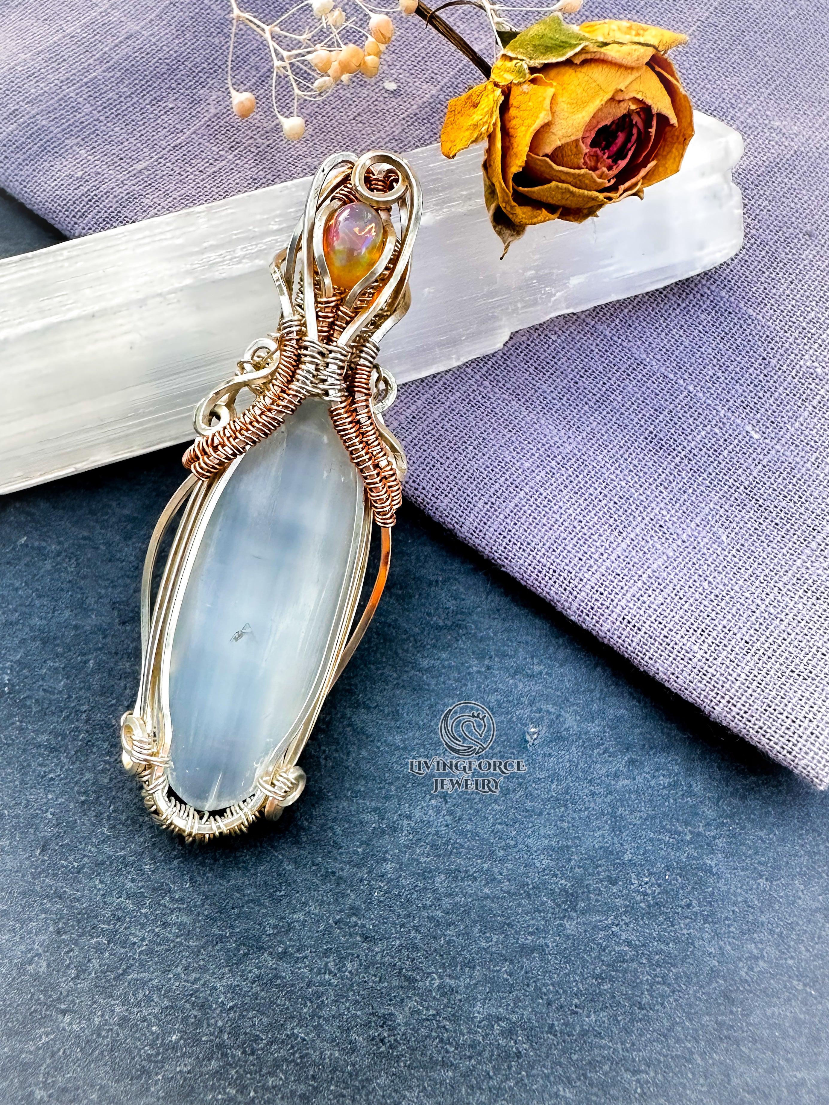 Earendel Reiki Talisman, Selenite & Welo Opal Pendant