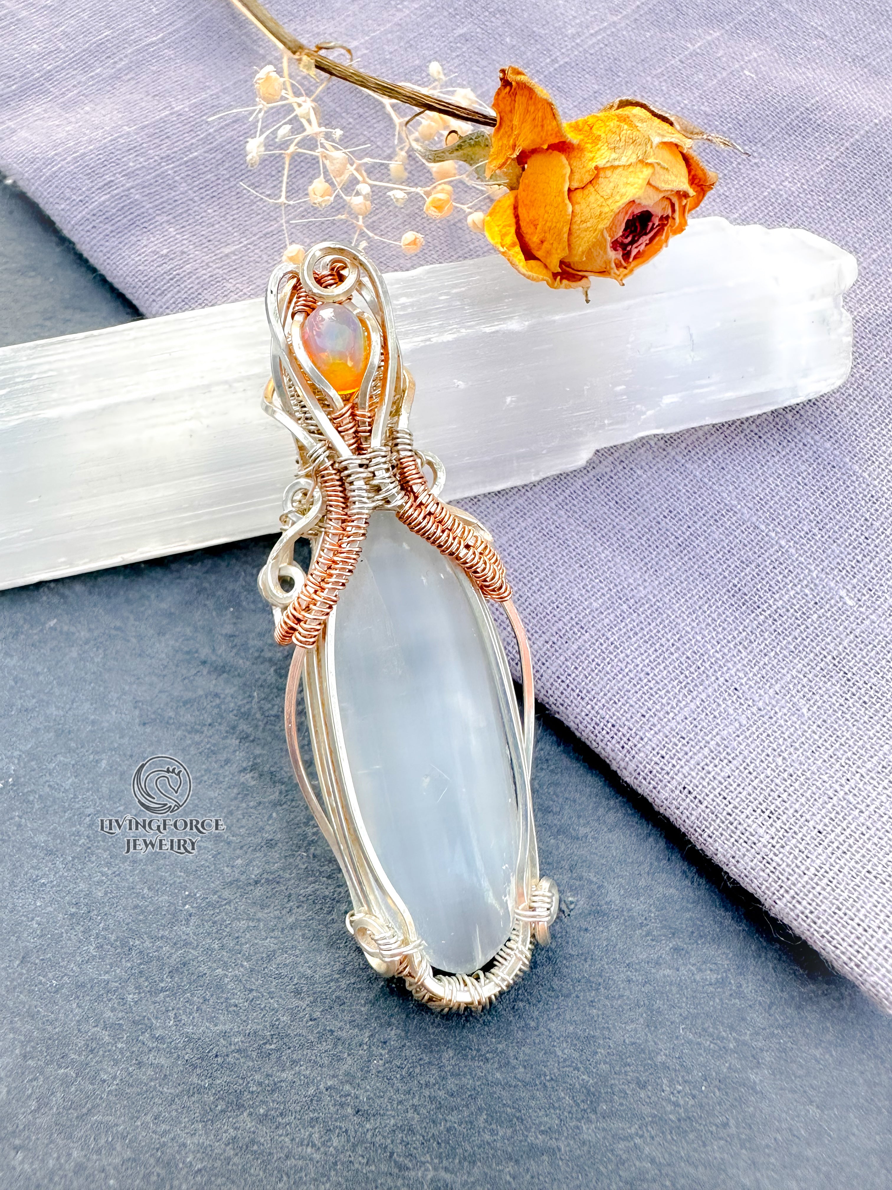 Earendel Reiki Talisman, Selenite & Welo Opal Pendant
