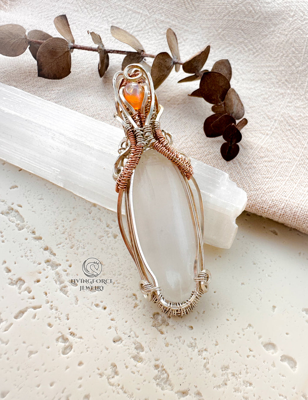 Earendel Reiki Talisman, Selenite & Welo Opal Pendant