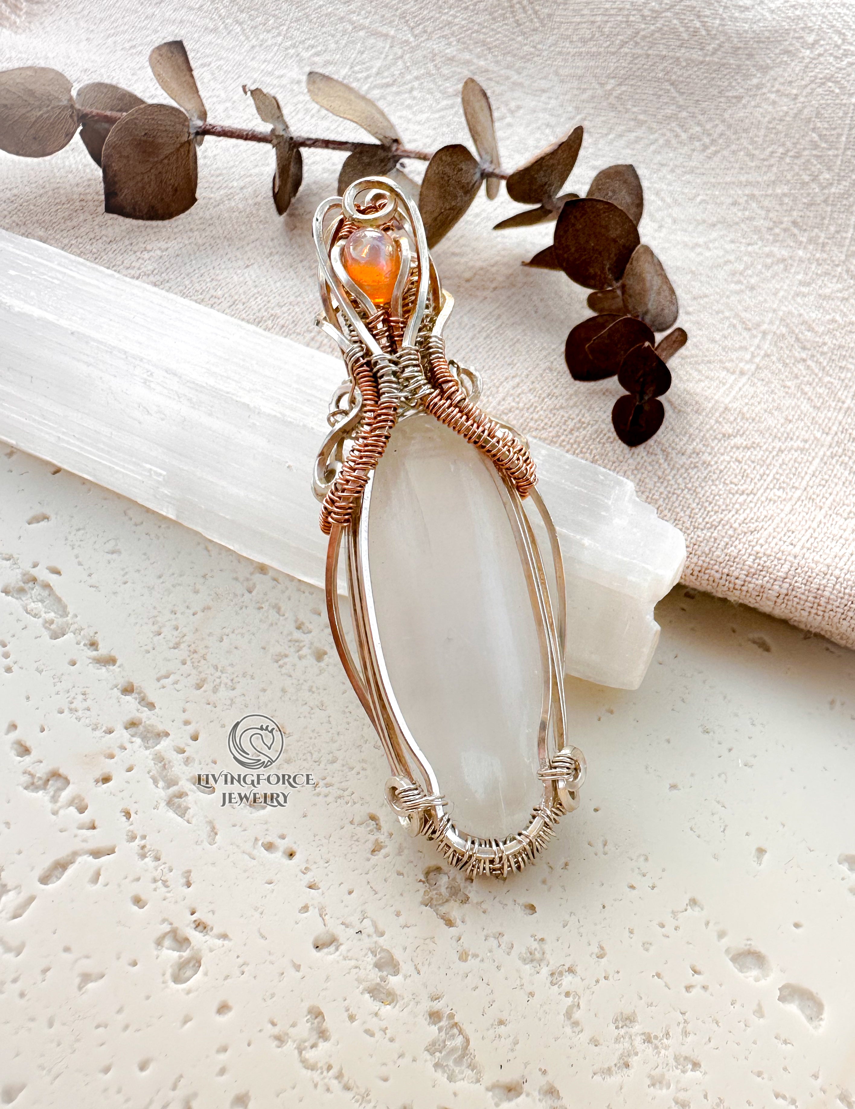 Earendel Reiki Talisman, Selenite & Welo Opal Pendant