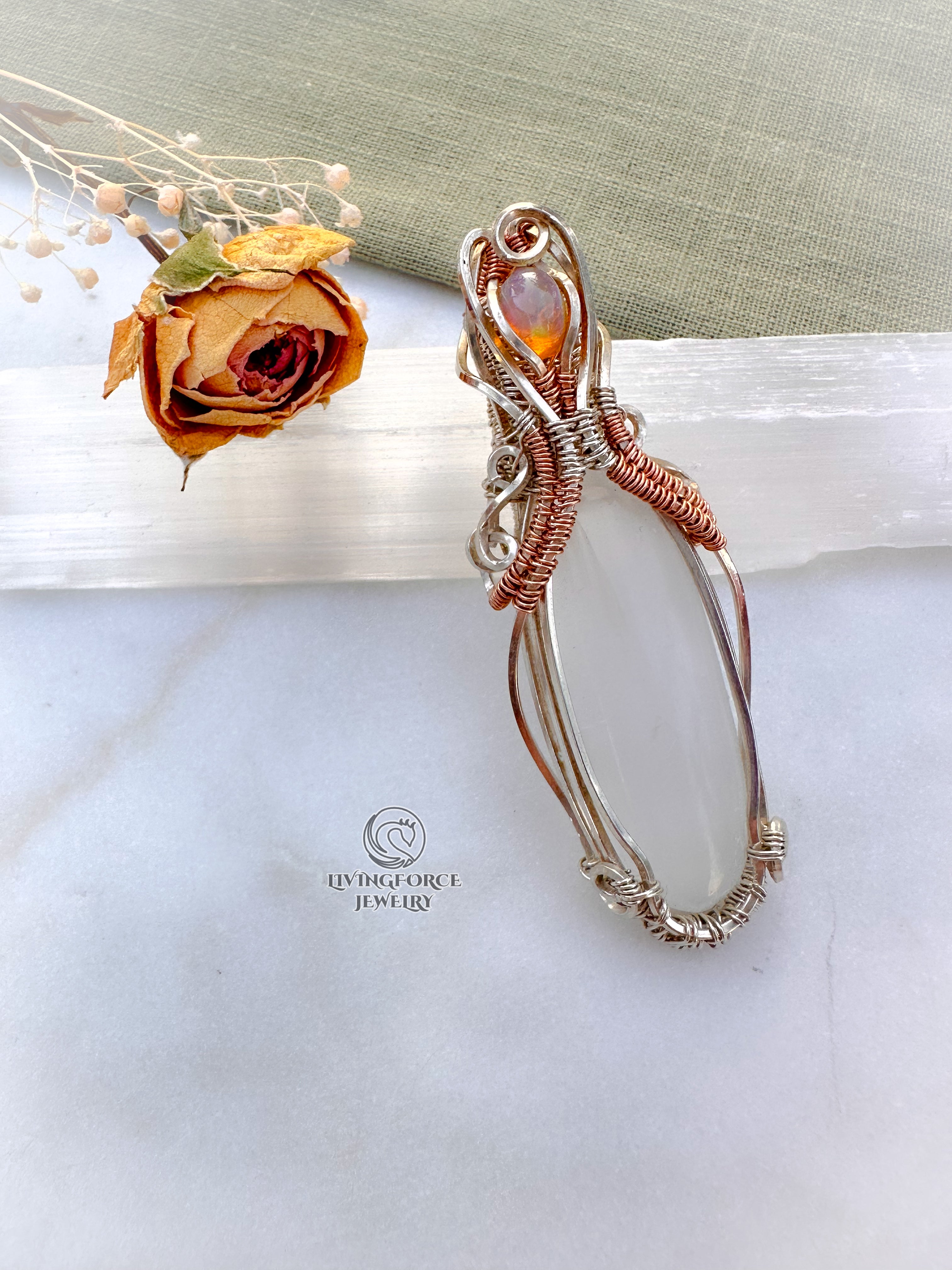 Earendel Reiki Talisman, Selenite & Welo Opal Pendant