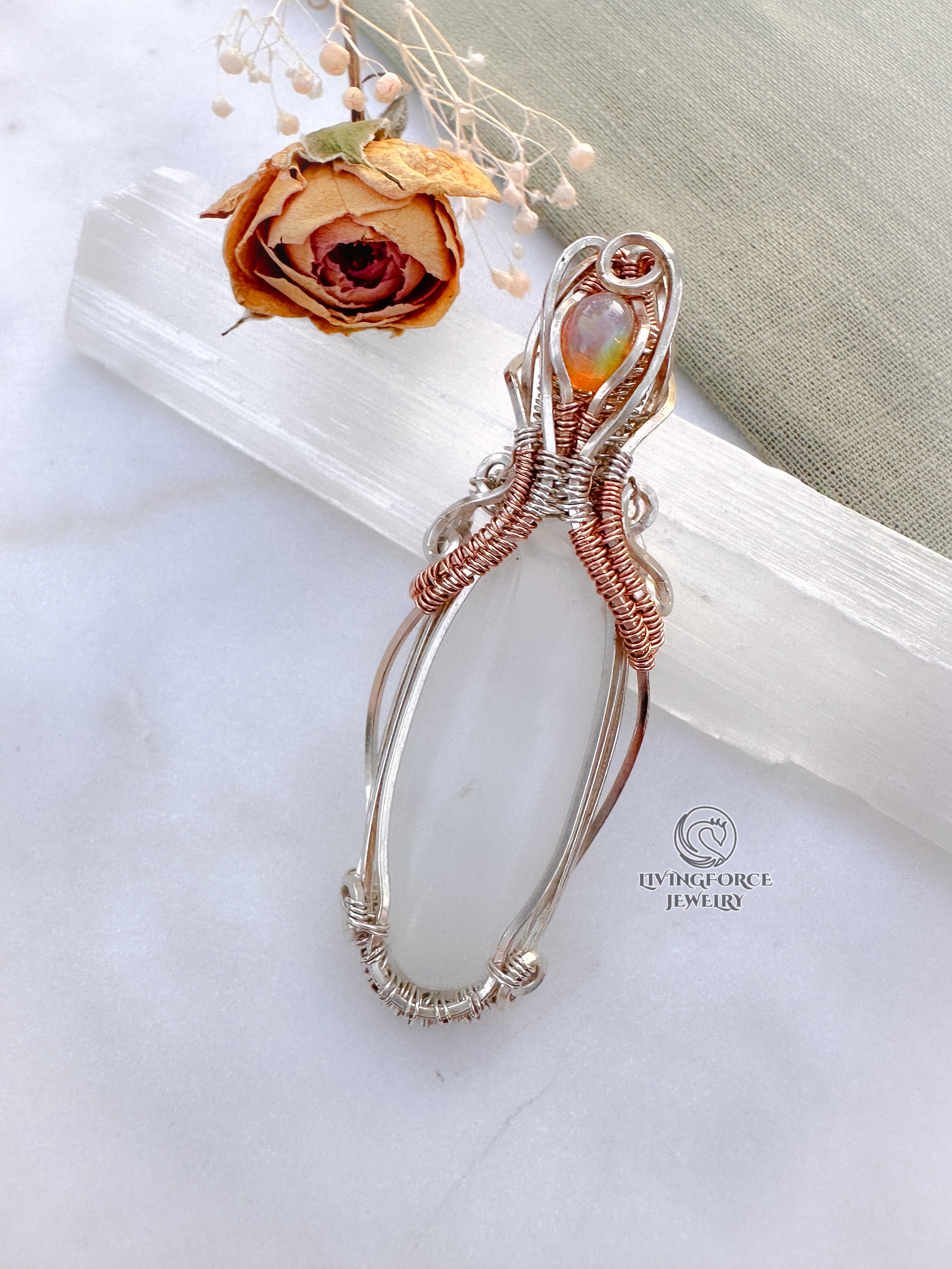 Earendel Reiki Talisman, Selenite & Welo Opal Pendant