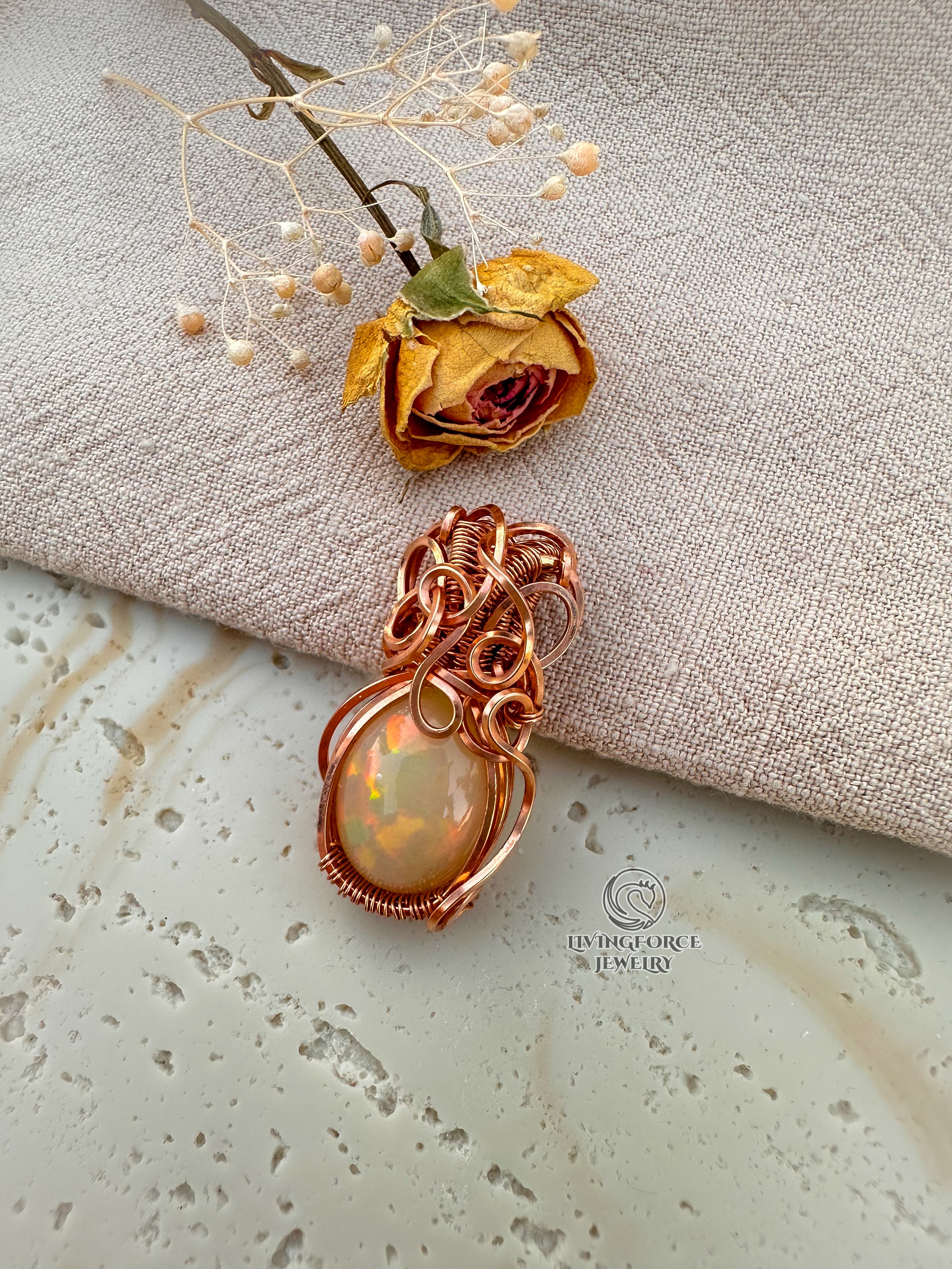 Elly Talisman, Welo Opal In Gold Filled Wire Pendant