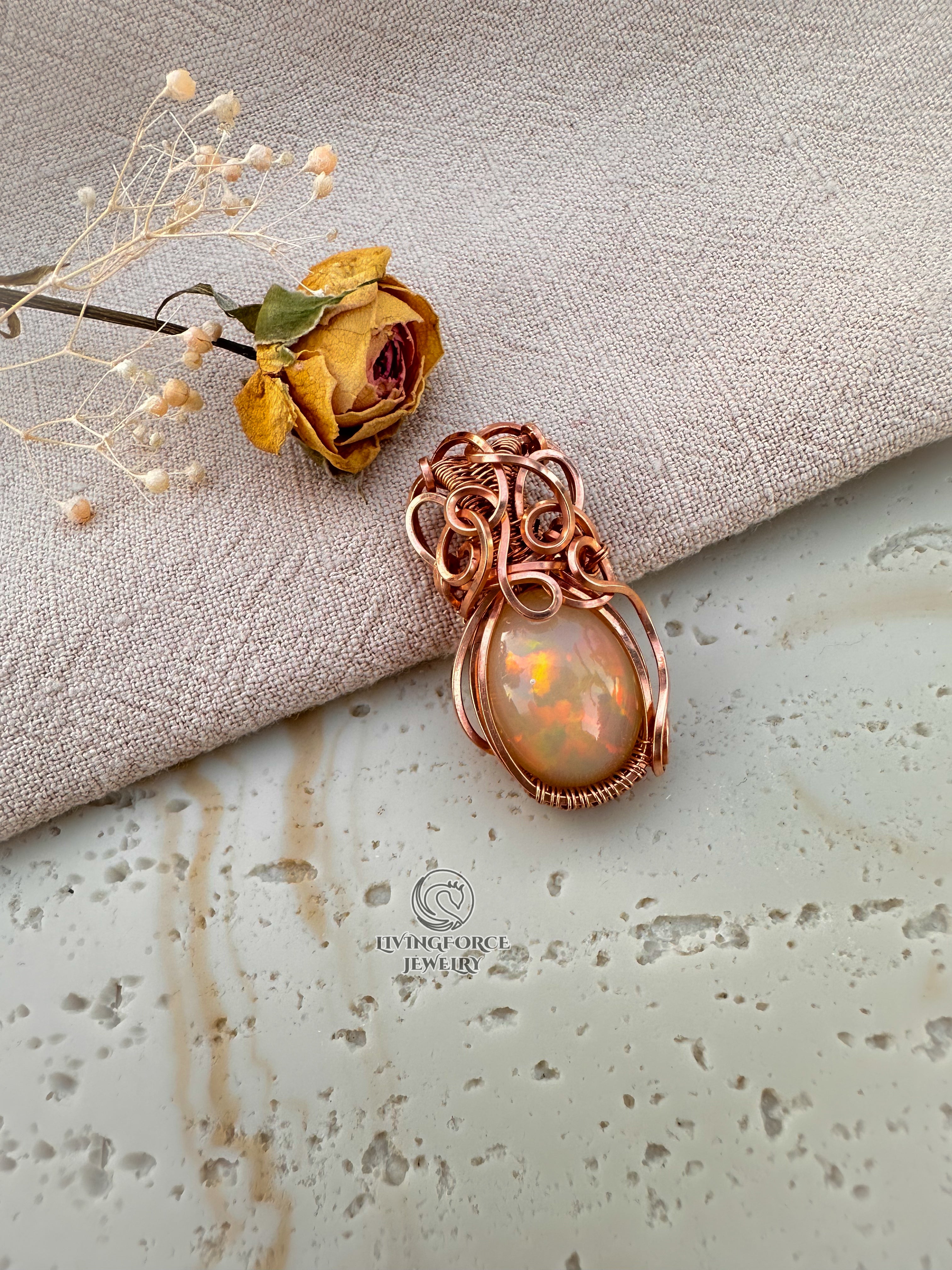 Elly Talisman, Welo Opal In Gold Filled Wire Pendant