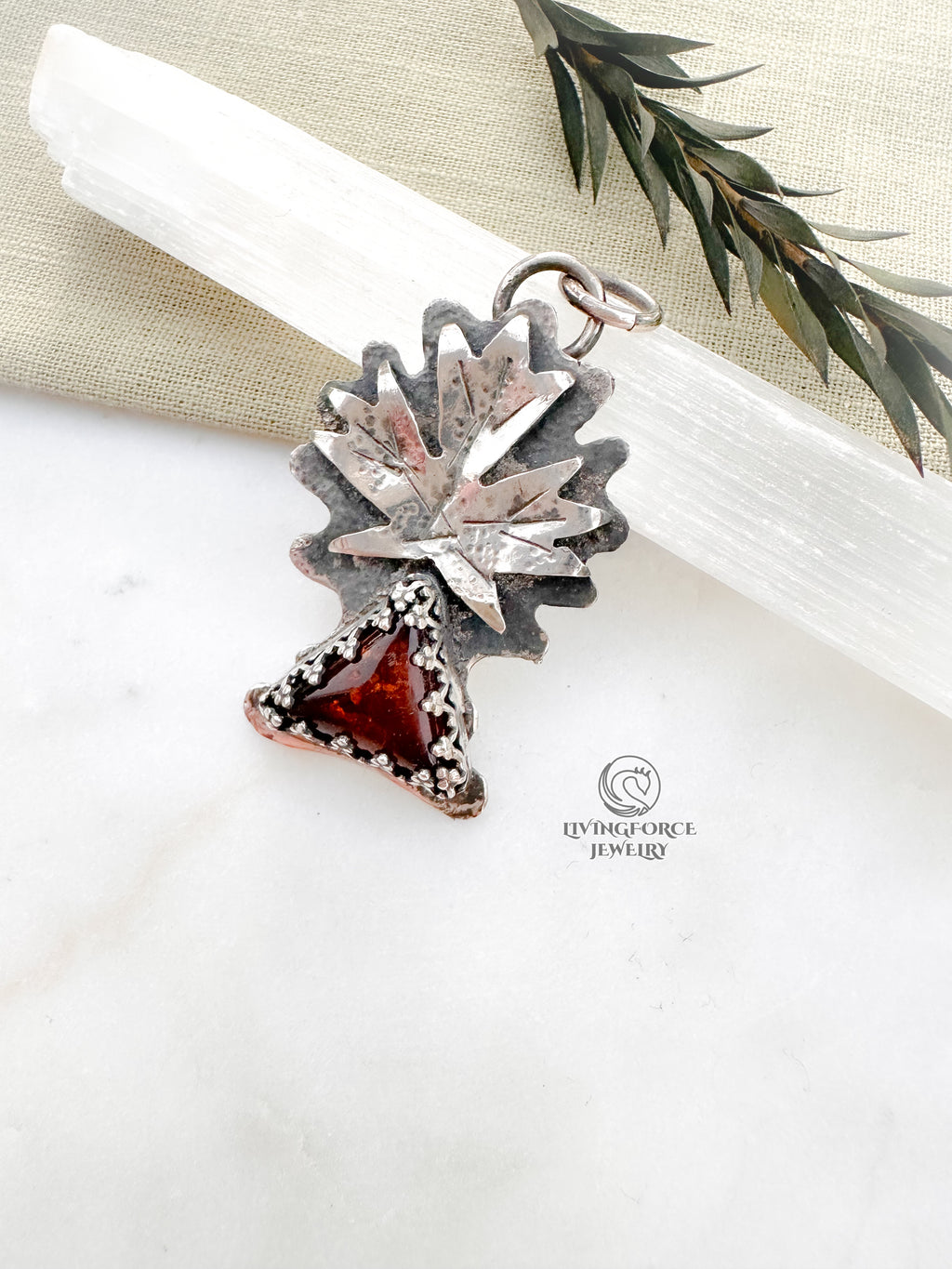 Maple Talisman, Amber in Sterling Silver Pendant