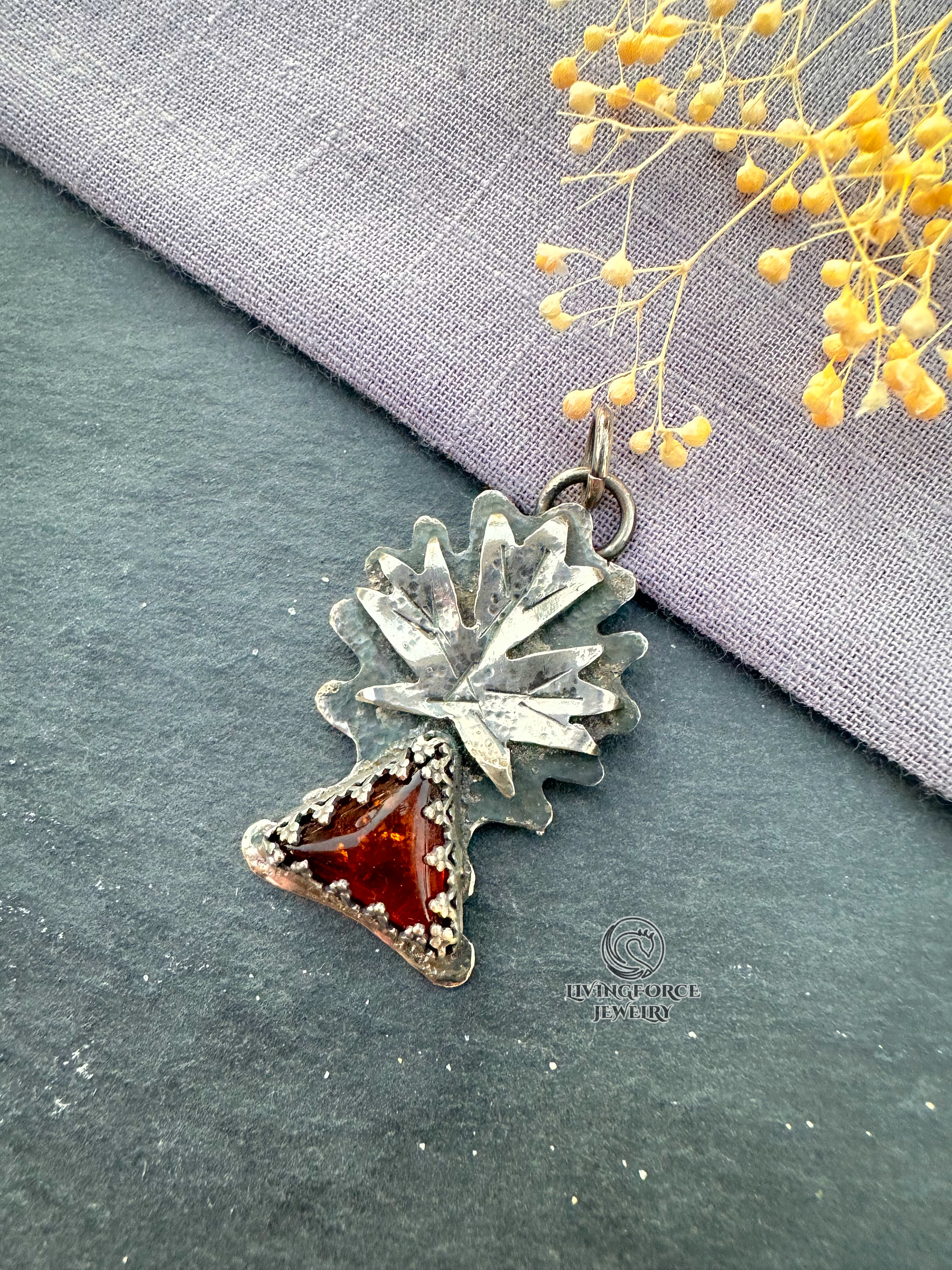 Maple Talisman, Amber in Sterling Silver Pendant