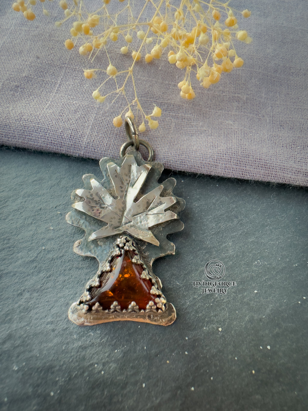 Maple Talisman, Amber in Sterling Silver Pendant