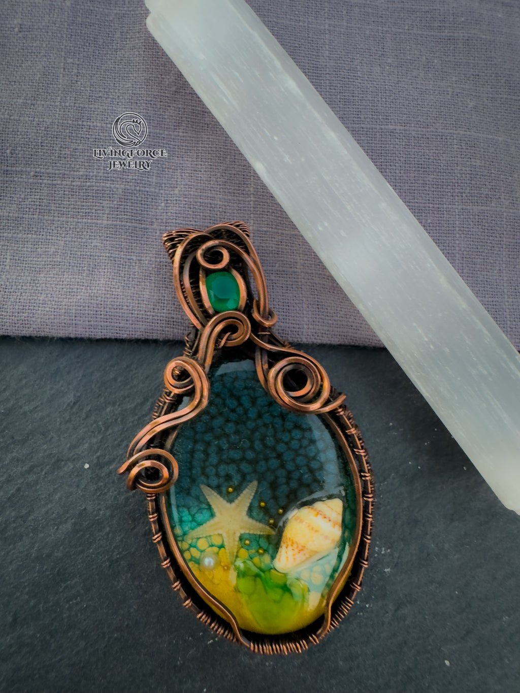 Deniz Talisman, Epoxy Resin & Green Onyx Pendant