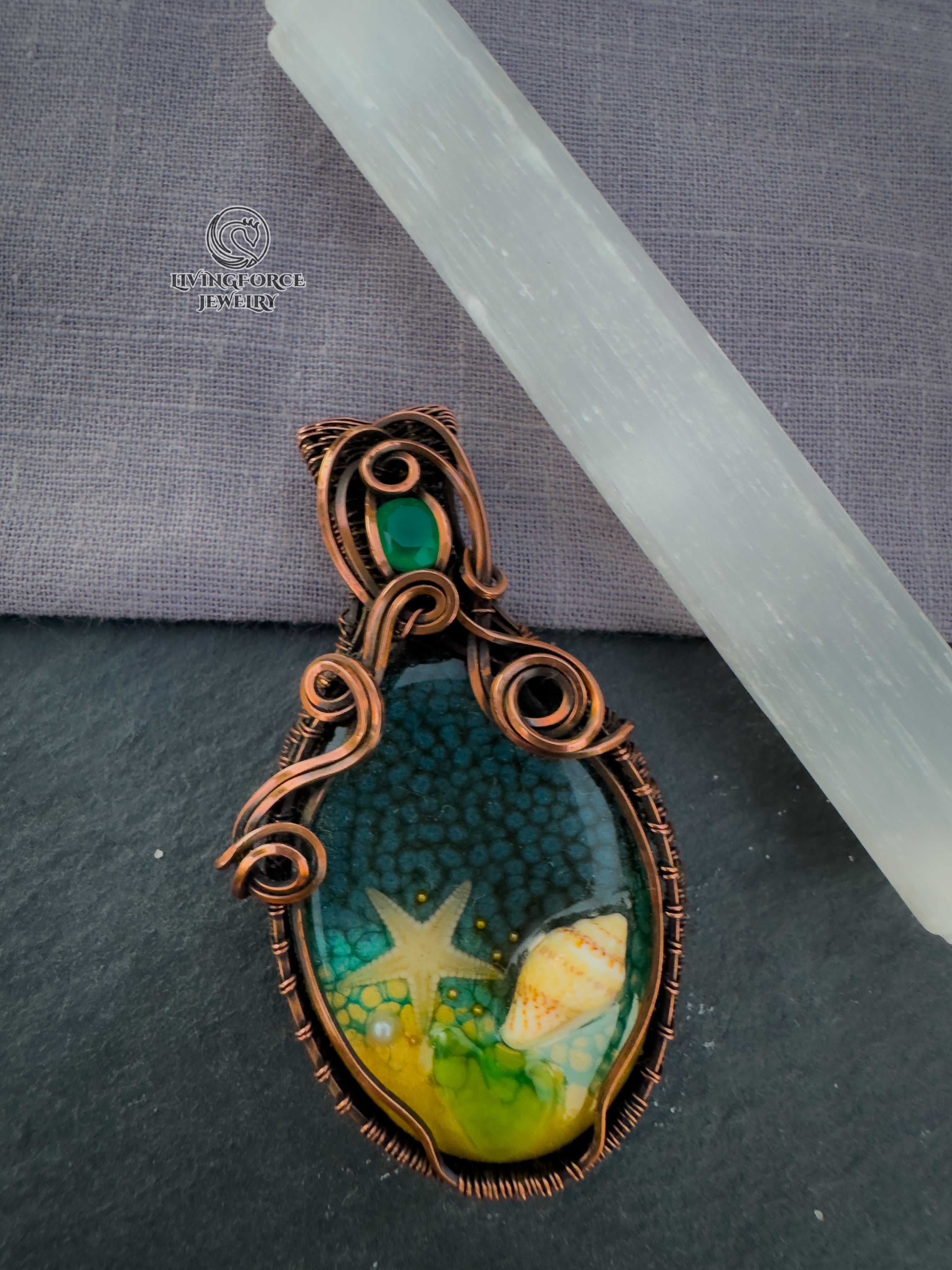 Deniz Talisman, Epoxy Resin & Green Onyx Pendant