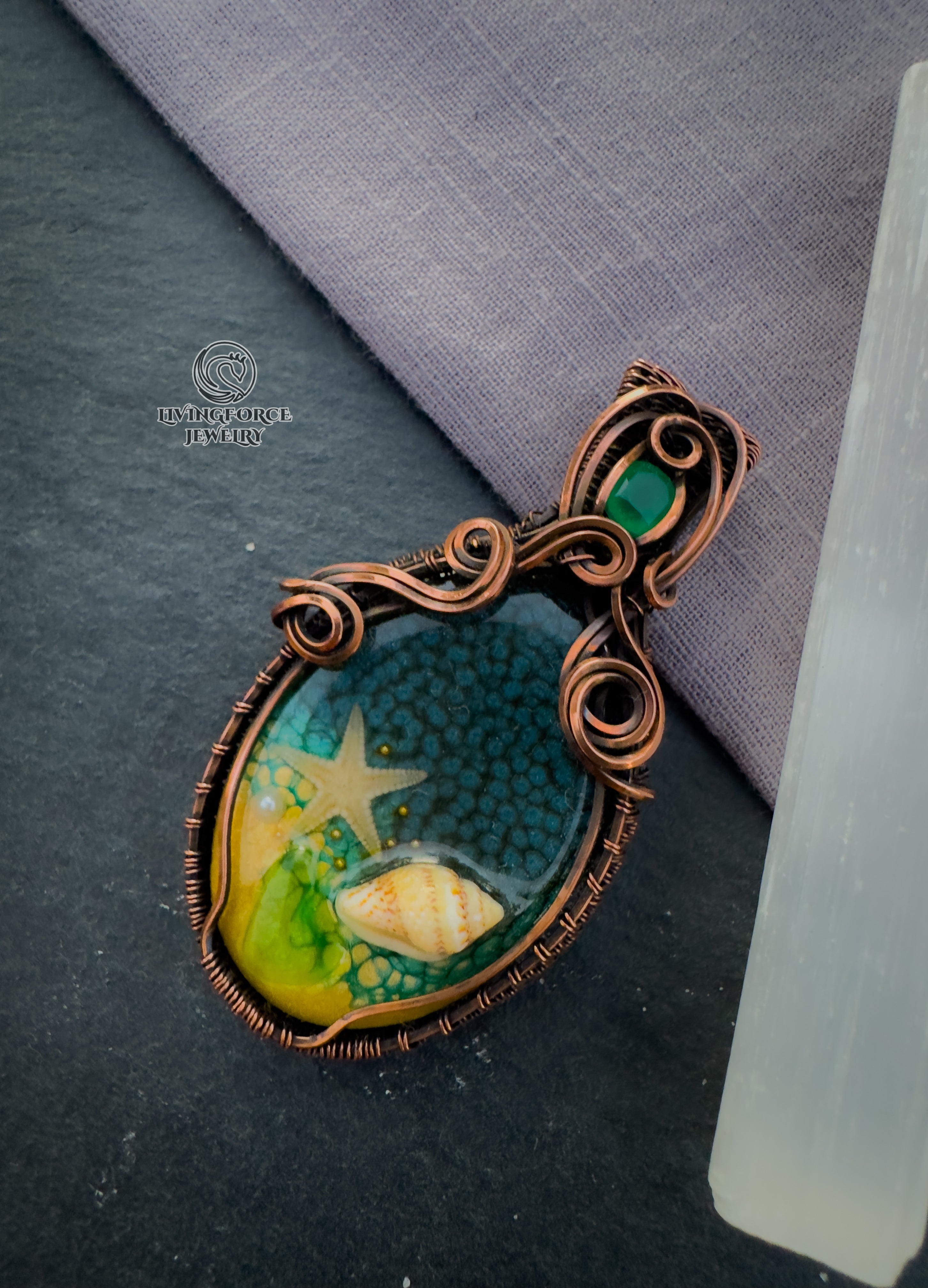 Deniz Talisman, Epoxy Resin & Green Onyx Pendant